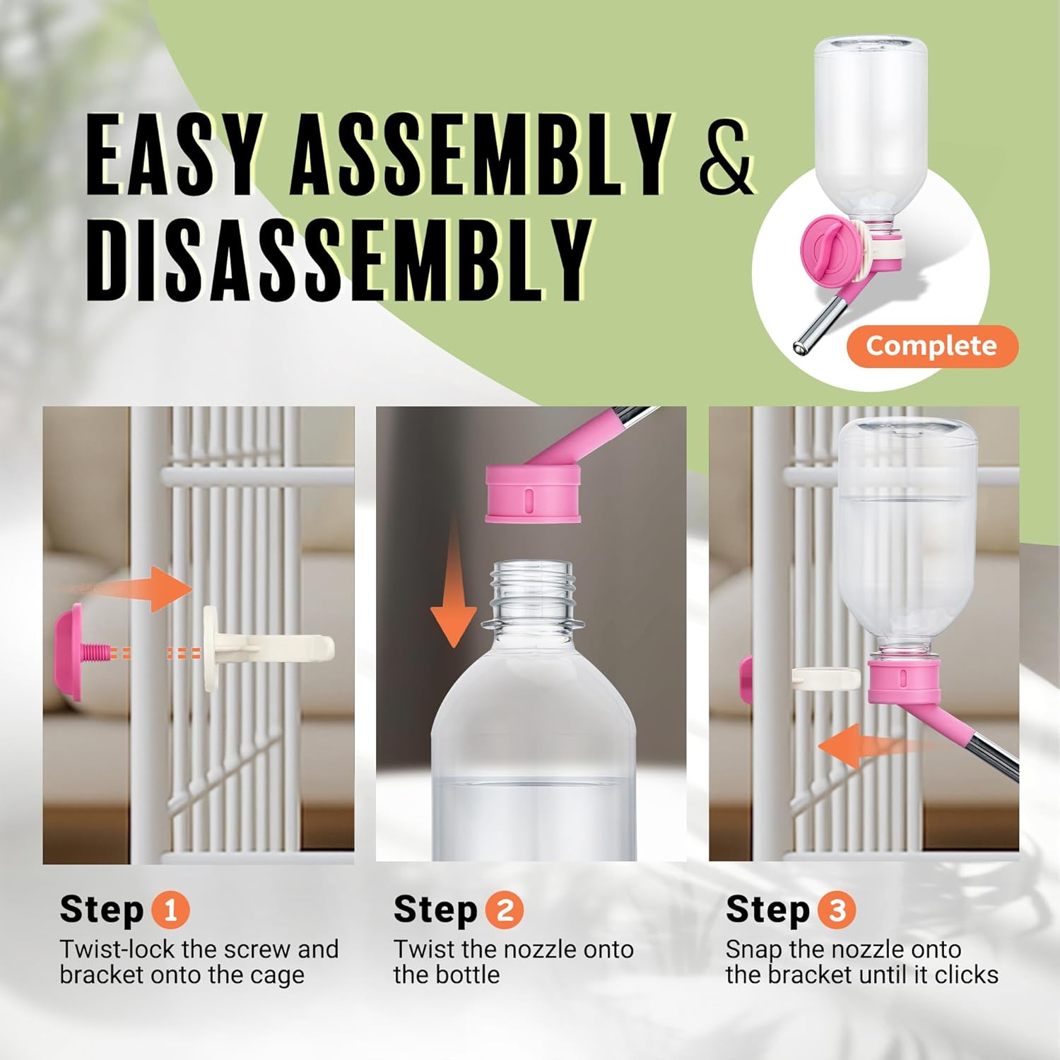 Choco Nose Patented No-Drip Water Bottle/Feeder for Guinea Pigs/Hamsters/Bunnies/Ferrets/Other Small Pets, Critters and Animals -for Cages, Crates or Wall Mount. 10.2 oz. Nozzle 10mm, Pink (C128) - Image 4