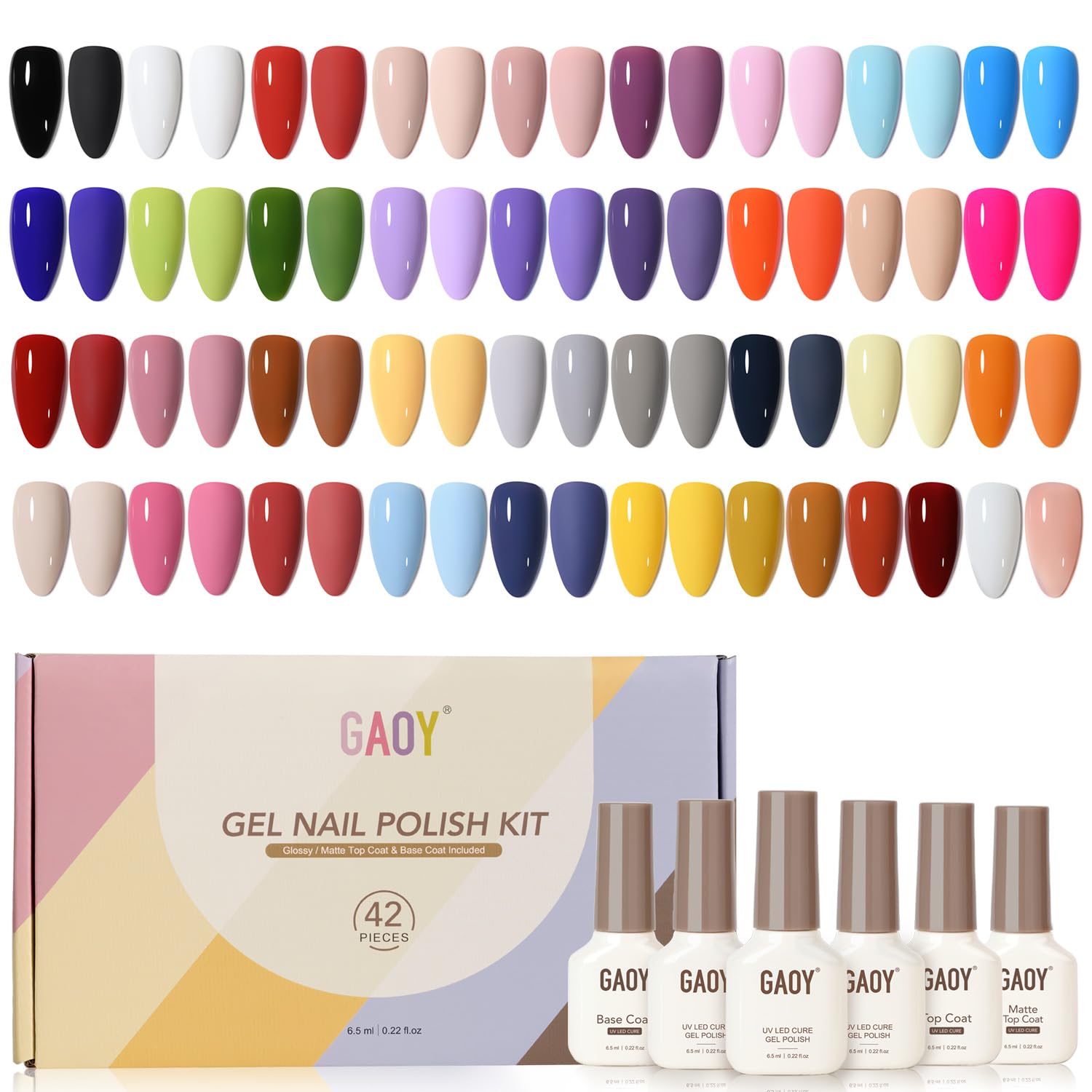 GAOY 42 Pcs Gel Nail Polish Kit, Pink White Red Jelly Nude Colors All Seasons Gel Nail Polish Set with Glossy & Matte Top Coat and Base Coat for Salon and DIY Manicure at Home