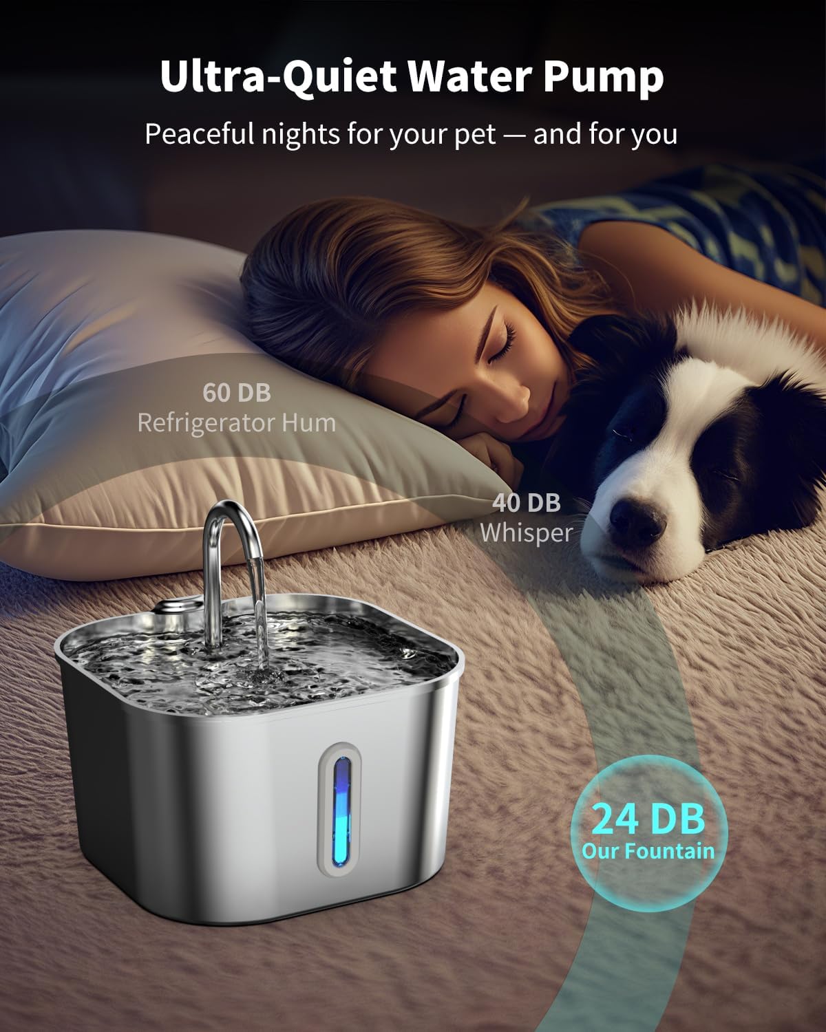 Cat Water Fountain Stainless Steel, 74oz/2.2L Cat Fountain with Quiet Pump, Automatic Pet Water Dispenser, Ideal for Multi-pet Homes, Fresh & Clean Water for Cats and Dogs - Image 5