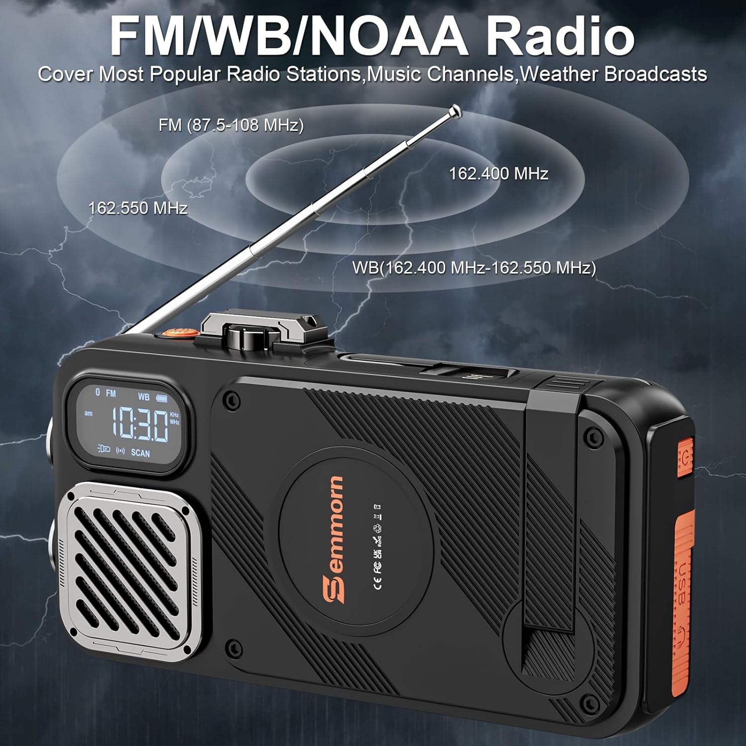 Emergency Radio&22000mAh Solar Power Bank, FM NOAA Weather Radio, Portable Hand Crank Bluetooth Radio, 20W Fast Charge Wireless Phone Charger, SOS Flashlight for Emergency/Home (Orange) - Image 2