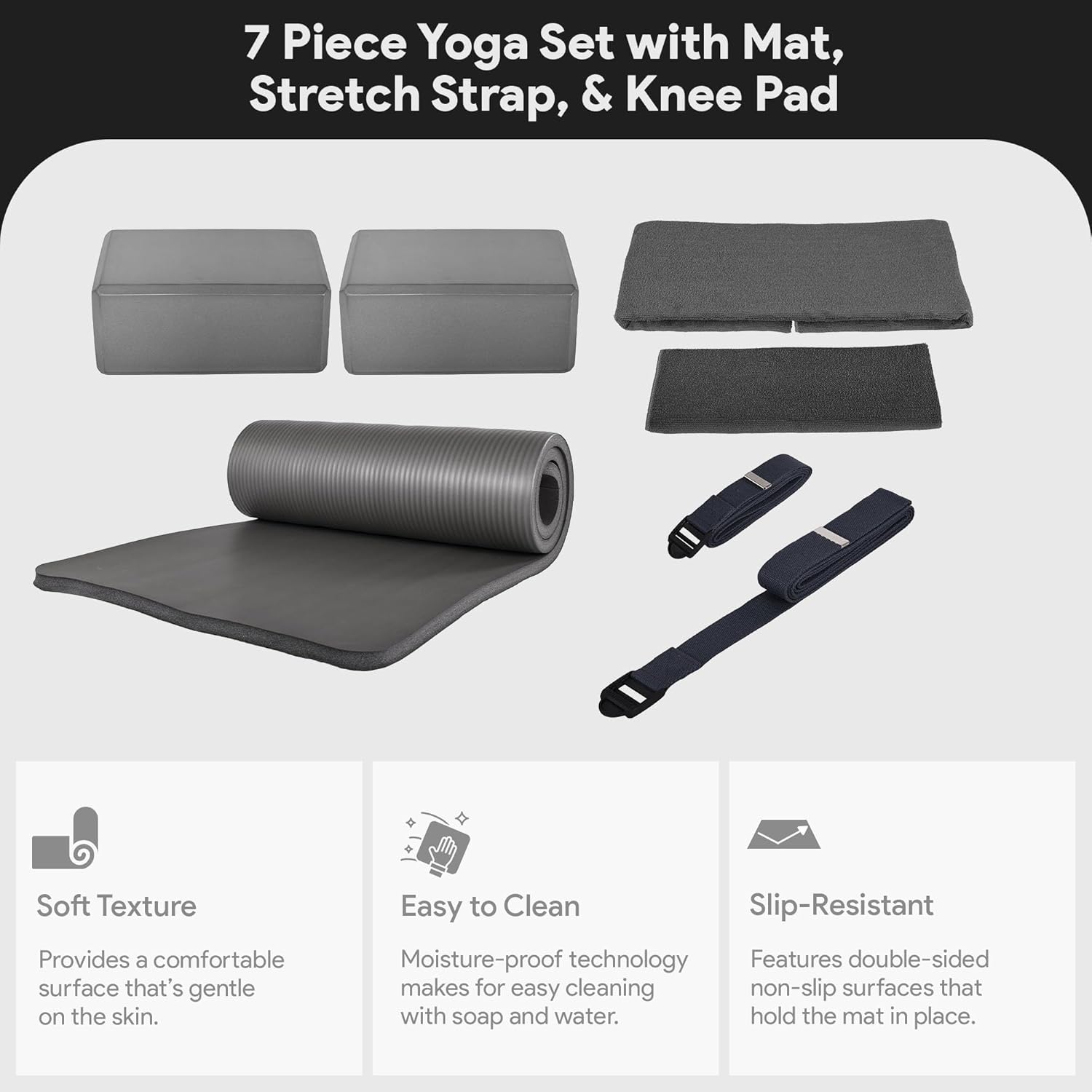 BalanceFrom 7-Piece Yoga Set with 71x24x0.5 Inches Extra Thick Mat and Carrying Sling – Includes 2 Blocks, Stretch Strap, 2 Towels, and Knee Pad for Home, Studio, and Gym Workouts - Image 3