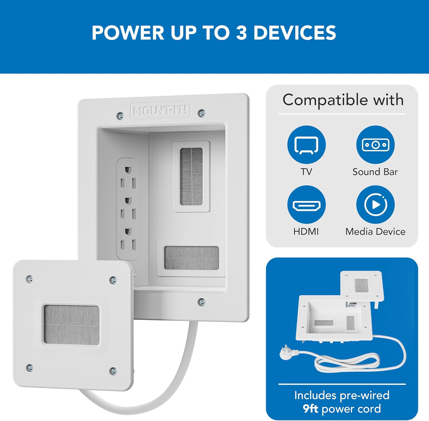Mount-It! in-Wall TV Cable Concealer Kit with Recessed Power – Triple Outlet, 9ft Cord, and Hand Saw – Easy, Safe Cable Management for Organized TV and Home Theater Setups - Image 4