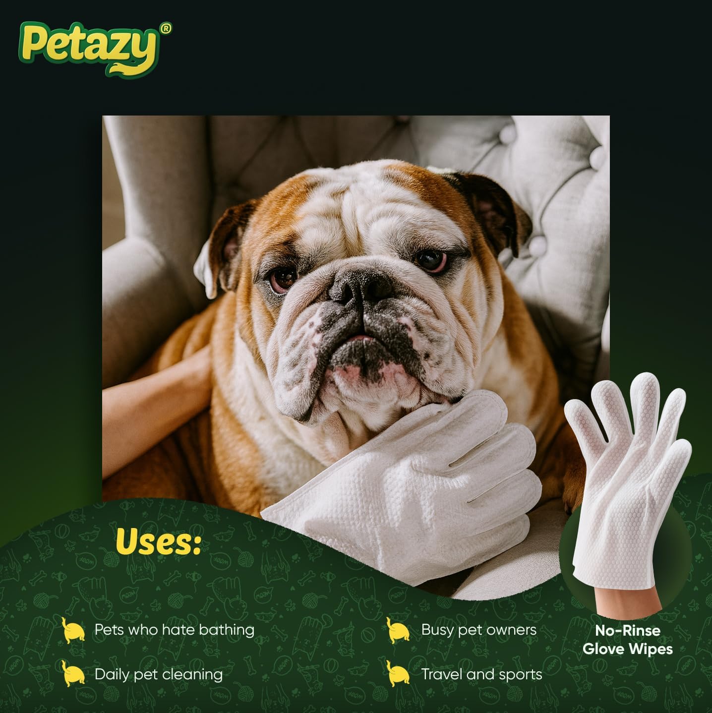 Petazy Pet Glove Wipes for Dogs & Cats – Hypoallergenic Thick Cleaning Gloves with Aloe & Coconut Oil for Paws, Face, Ears & Butt, Instant No Rinse Grooming Wipes to Deodorize and Hydrate, 25 Pack - Image 8