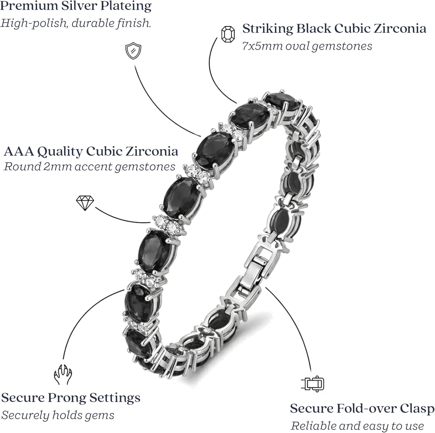 KEZEF Tennis Bracelets For Women - Cubic Zirconia - Oval 7x5mm Gemstones - Round 2.50mm White CZ - Silver Plated Brass - 7 Inch - Multiple Colors Hypoallergenic Bracelets - Image 4