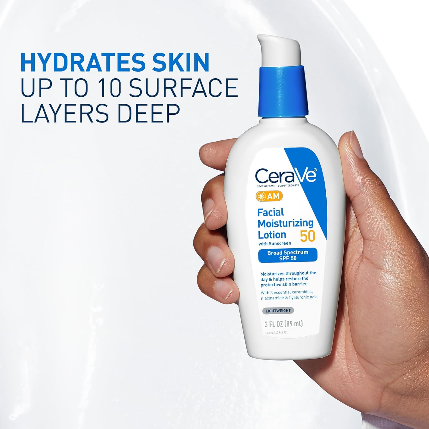 CeraVe AM Facial Moisturizing Lotion SPF 50, Face Moisturizer with SPF, Hyaluronic Acid, Niacinamide & Ceramides, Non-Greasy, Blends Seamlessly With No White Cast, Non Comedogenic Sunscreen, 3 Oz - Image 2