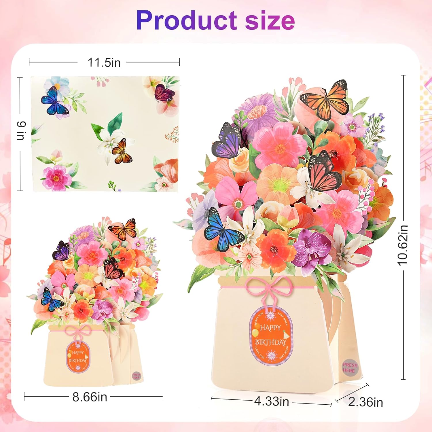 Yinqing Birthday Cards, Light and Music Happy Birthday Card, Lily and Butterflies, 10 Inch Life Sized Forever Flower Bouquet 3D Pop Up Birthday Gift Card for Women Wife Mom Daughter Sister - Image 6