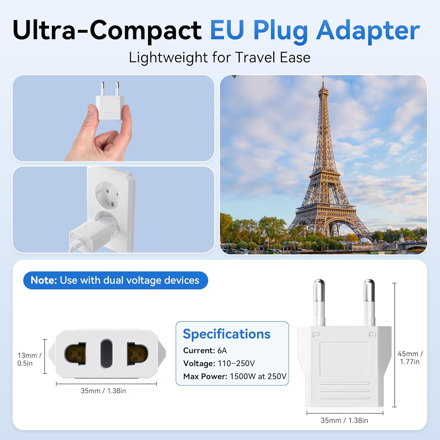 4 Pack European Travel Plug Adapter, Unidapt US to Europe Plug Adapter, European Adapter Type C Pin Adaptor, Outlet Converter America USA to Europe Italy Spain Germany France EU, Power Plug, White - Image 3