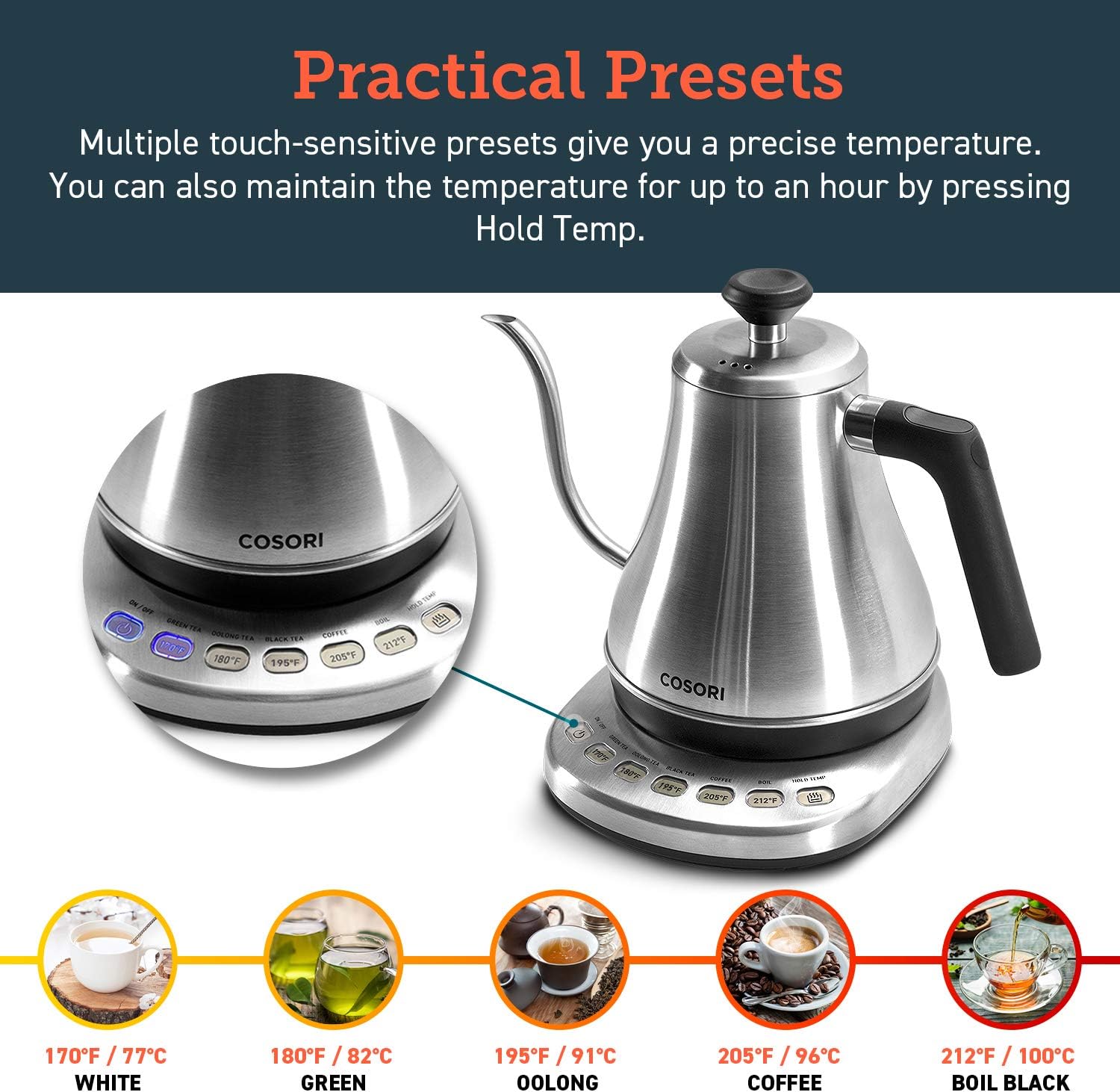 COSORI Gooseneck Electric Kettle with 5 Variable Presets, Pour Over & Coffee maker, 100% Stainless Steel Inner Lid & Bottom, 1200 Watt Quick Heating, 0.8L, Silver - Image 3