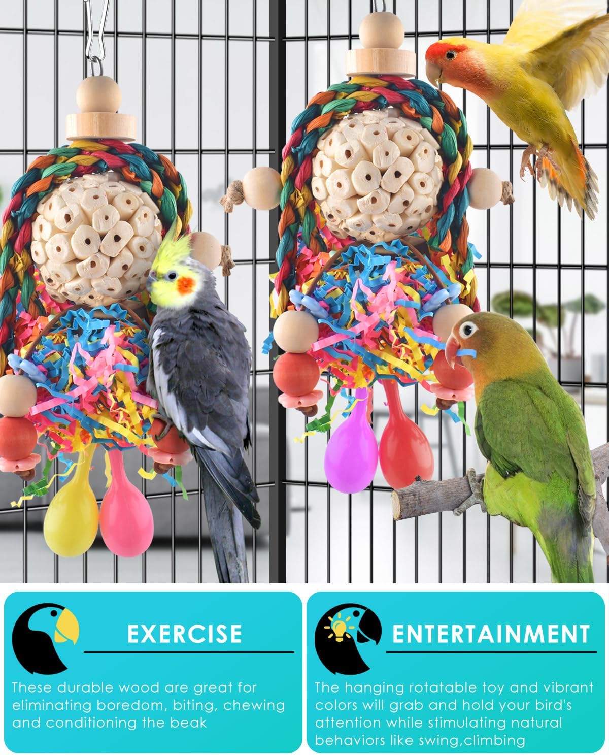 Bissap Conure Toys, 2PCS Bird Parrot Foraging Shredder Hanging Toys Sola Balls with Sand Hammer for Small Parrots Parakeets Conures Cockatiels Love Birds Cage Toy - Image 4