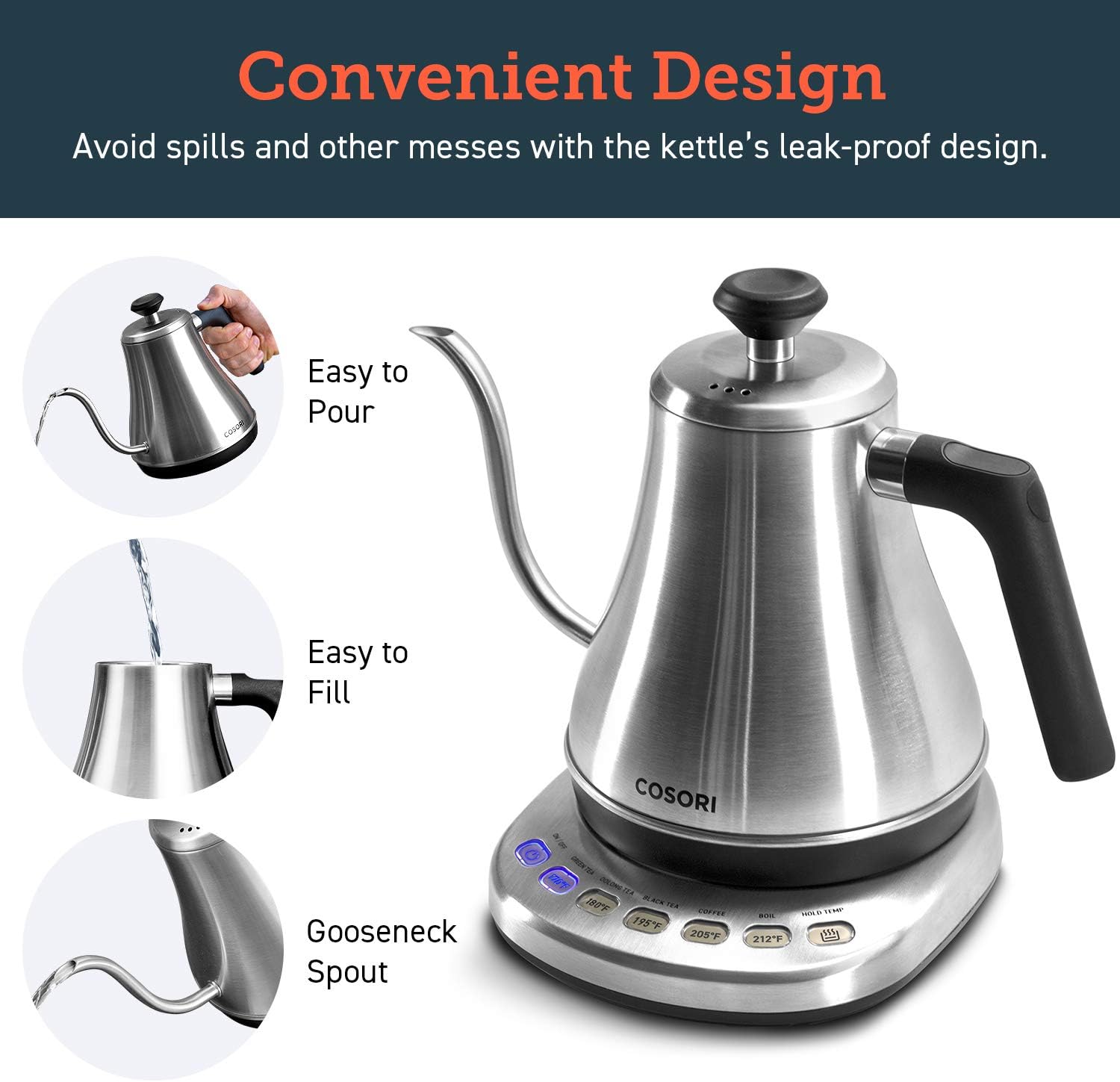 COSORI Gooseneck Electric Kettle with 5 Variable Presets, Pour Over & Coffee maker, 100% Stainless Steel Inner Lid & Bottom, 1200 Watt Quick Heating, 0.8L, Silver - Image 6