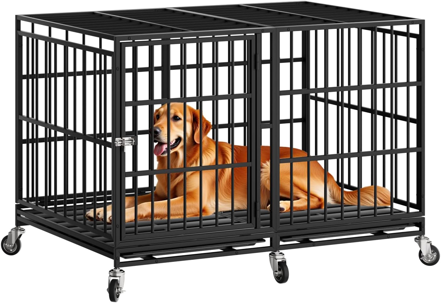 Snuowu 48 Inch Heavy Duty Dog Crate with Wheels,Indestructible Escape-Proof Dog Cage for Large Dogs, Extra Large XL XXL Indestructible Dog Crate with Removable Tray.