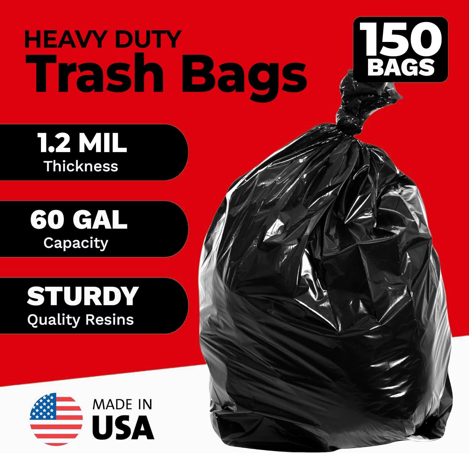 ToughBag 55-60 Gallon Heavy Duty Trash Bags - 150 Count, Large Black Garbage Bags - Made in USA - Image 3