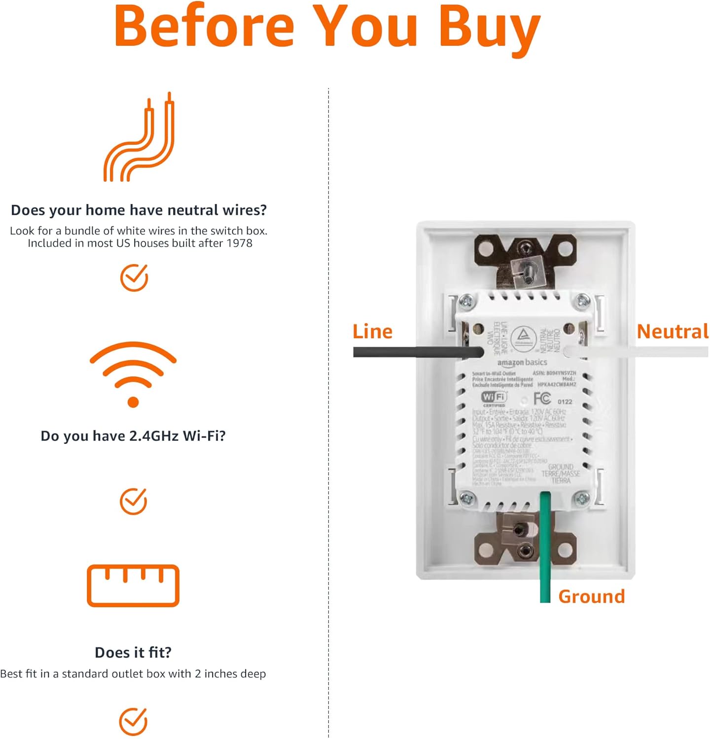 Amazon Basics Smart In-Wall Outlet, Works with Alexa Only, Individually Controlled Outlets, Voice Control, WiFi, 15 Amps, 2.4 GHz, No Hub Required, White - Image 4
