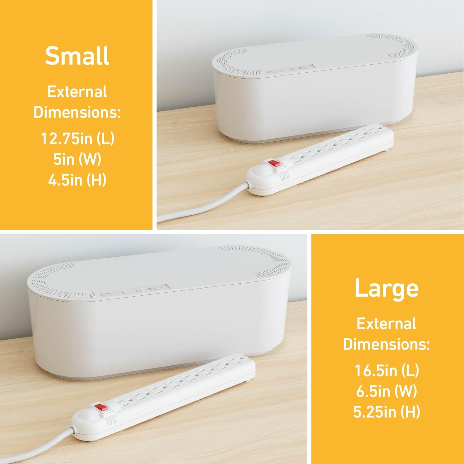 D-Line Cable Management Box, Power Strip Holder, Floor Outlet Hider, Desk Cord Organizer, Cover TV Wires, 12.75" (L) x 5" (W) x 4.5" (H), for use with Power Strips up to 10.5in Length - Small, White - Image 4