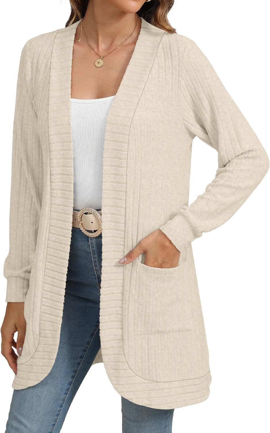 Women Long Sleeve Open Front Cardigan Casual Lightweight Long Cardigans Loose Knit Outwear with Pockets - Image 3