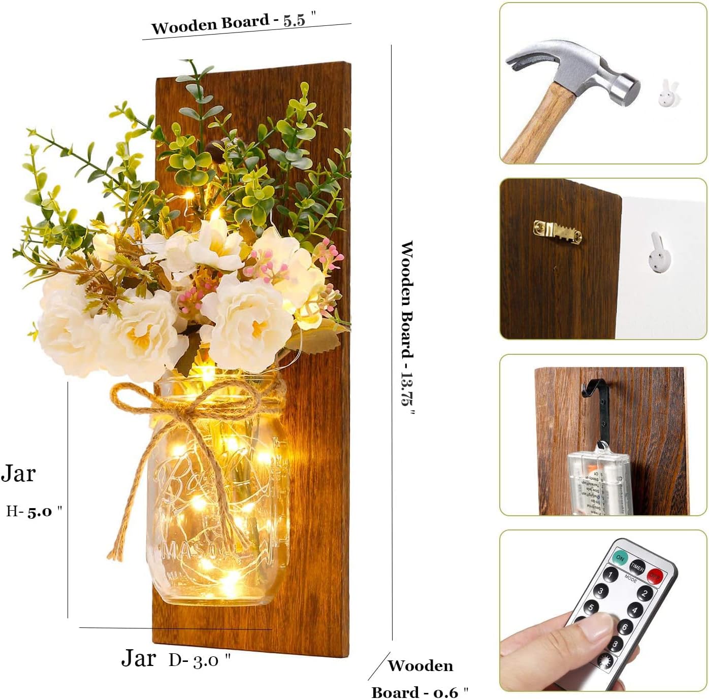 Rustic Wall Sconces Mason Jar Sconces Handmade Wall Art Hanging Design with Remote Control LED Fairy Lights and White Peony, Wall Decor Gift Farmhouse Wall Home Decor Living Room Lights Set of Two - Image 5