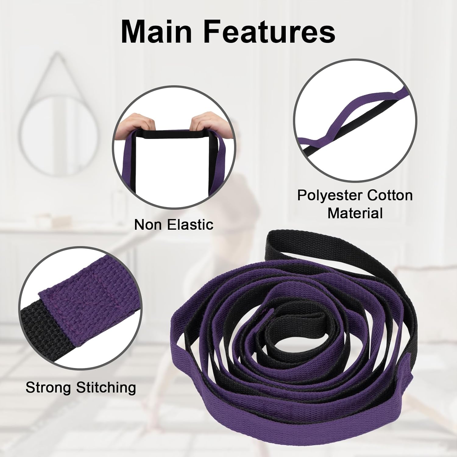 Yoga Strap for Stretching with 10 Loops Inelastic Soft Polyester Cotton Stretch Out Band for Exercise, Yoga, Pilates and Dance for Men and Women - Image 3