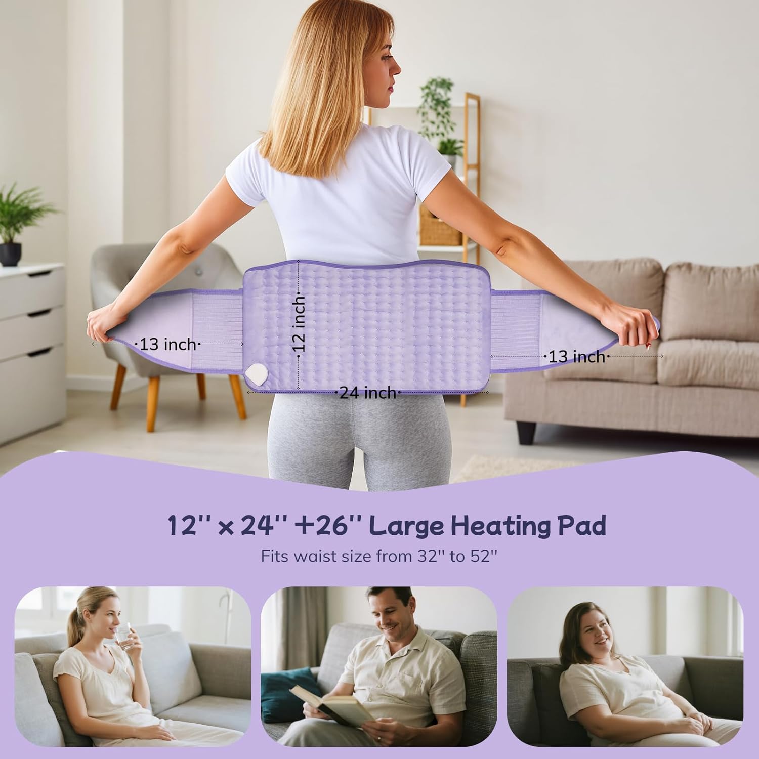 Heating Pad for Period Cramps, Upgraded Wrap Heating Pad for Back Pain Relief, Large 12''x 24''Heat Pad +26" Belt Adjustable 4 Timer 6 Heat Level Auto Shut Off, Christmas Birthday Gifts for Women Mom - Image 7