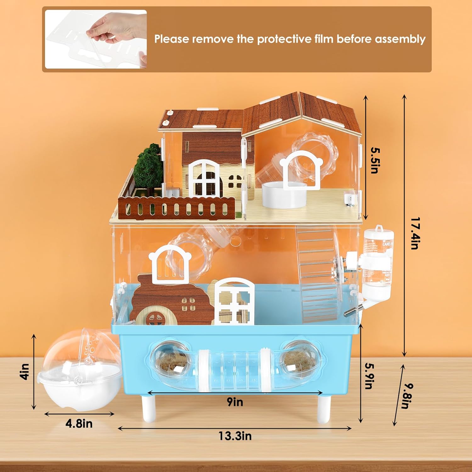 Large Hamster Cage 2 Tier Acrylic Hamster Habitat with Hideout & Running Wheel Blue Dwarf Hamster House for Dwarf Gerbils Syrian Hamsters, Blue, 13.3''L* 9.8''W* 17.4''H - Image 2