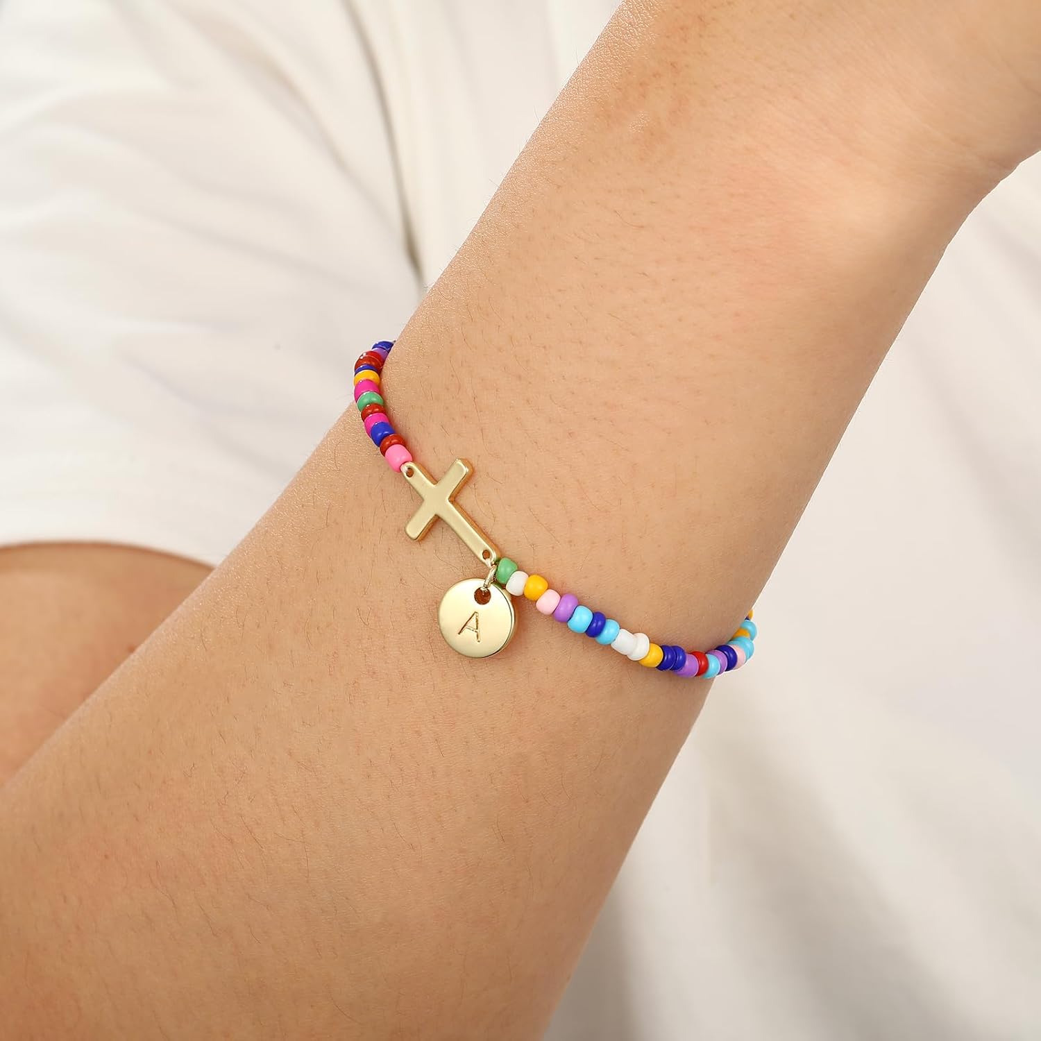 Easter Basket Stuffers for Girls Kids Teens- Cross Initial A-Z Bracelets Colorful Beaded Letter Disc Pendant Bracelet Birthday Christian Religious Jewelry Gifts for Her - Image 3