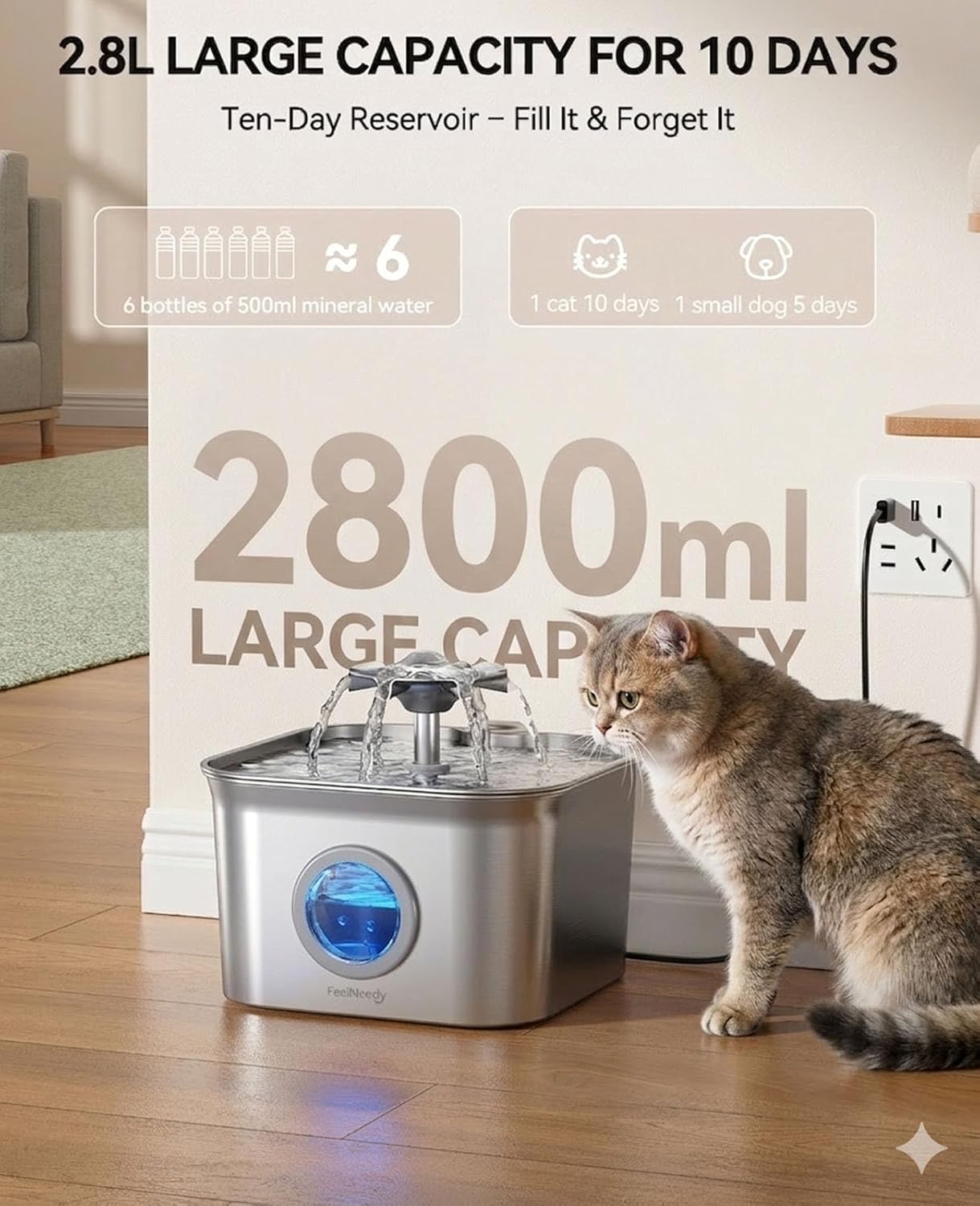 Stainless Steel Cat Water Fountain, 2.8L with 20dB Ultra-Quiet Pump- Ideal for Timid Pets, LED Water Level Window, Dishwasher Safe, 24/7 Circulation- Includes 3 Replacement Filters - Image 7