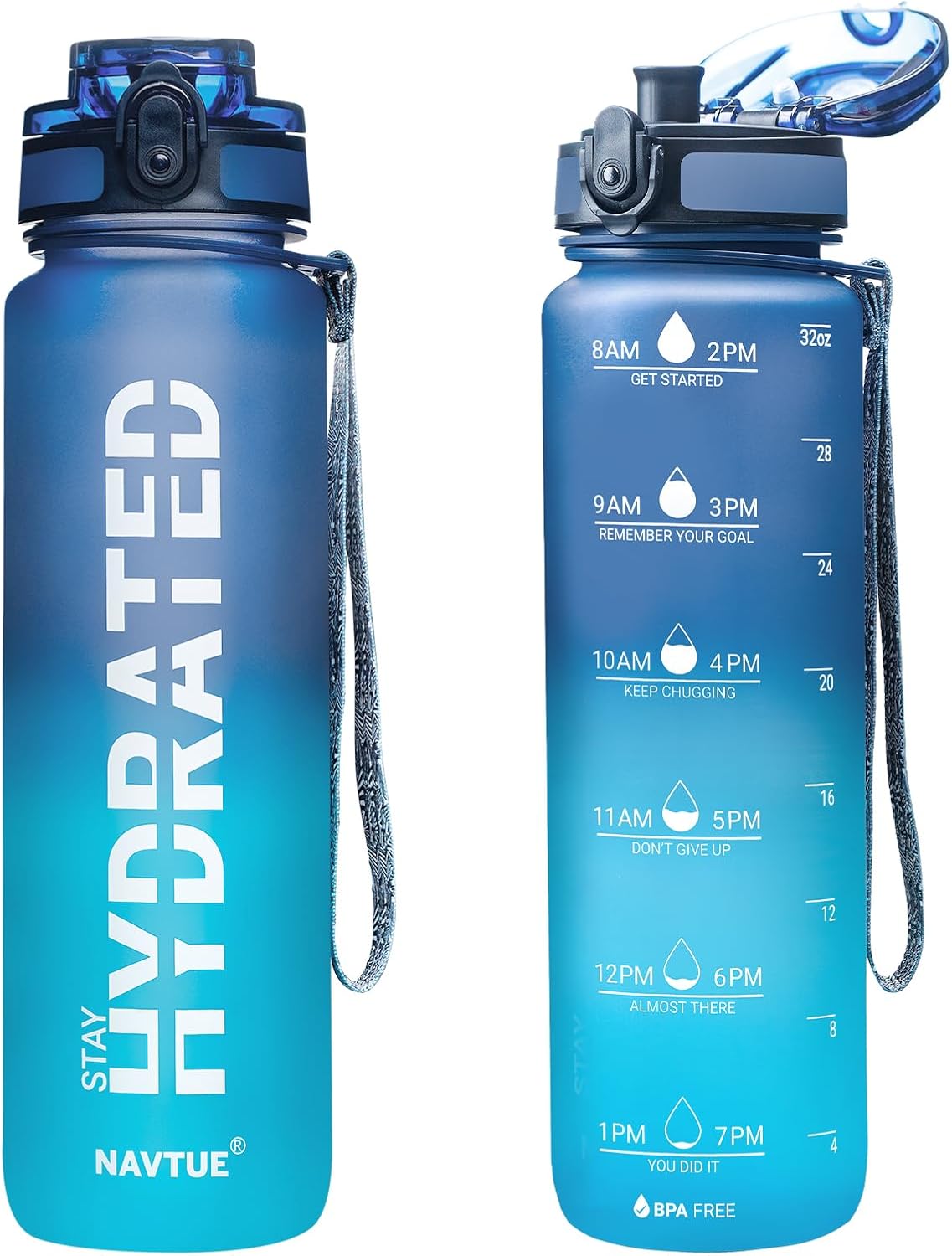 Water Bottle, 32oz Sports Water Bottles with Time Marker Wide Mouth, Motivational and Leakproof Drink Bottle, BPA Free Tritan with Carry Strap for Gym Fitness Outdoor (1 Bottle)