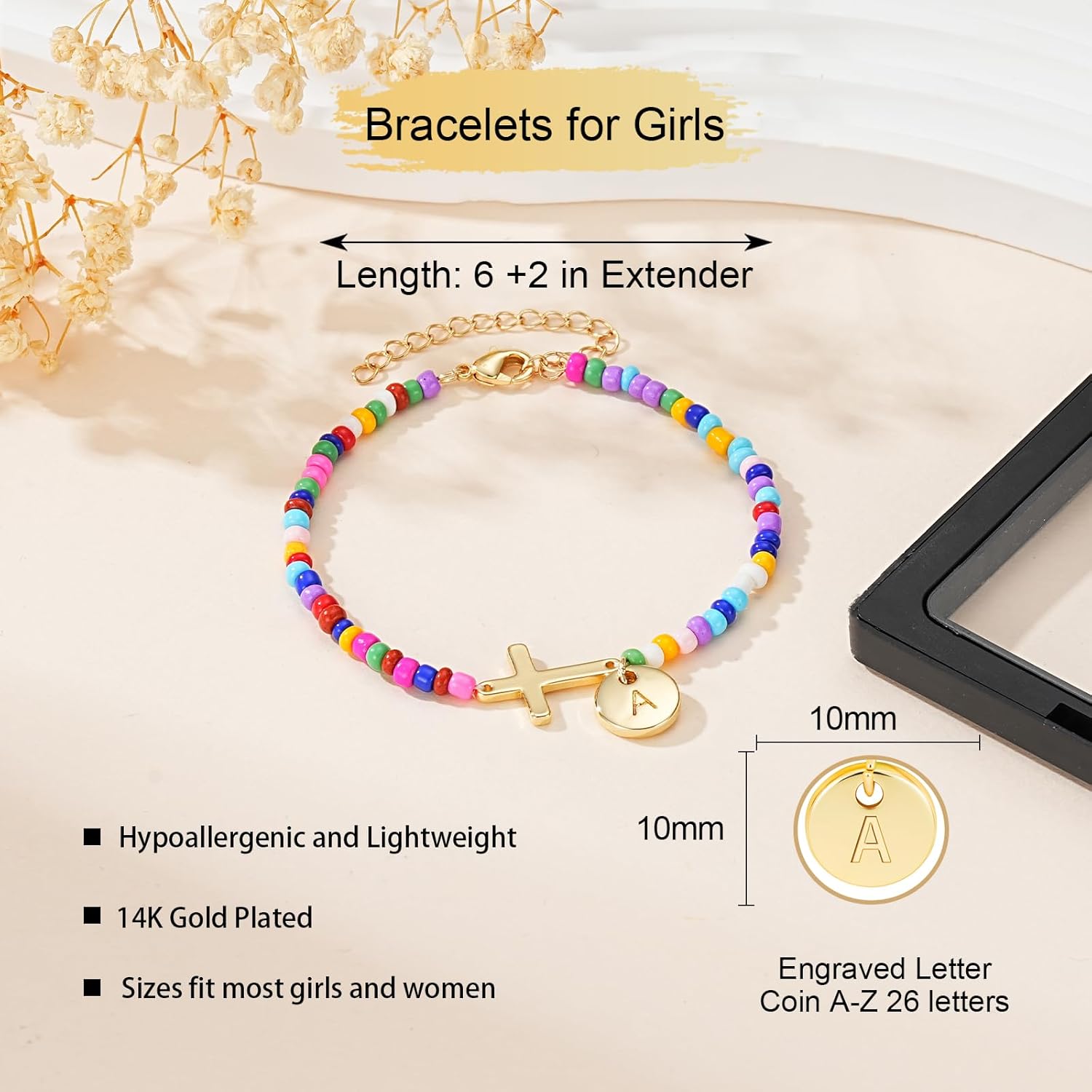Easter Basket Stuffers for Girls Kids Teens- Cross Initial A-Z Bracelets Colorful Beaded Letter Disc Pendant Bracelet Birthday Christian Religious Jewelry Gifts for Her - Image 4