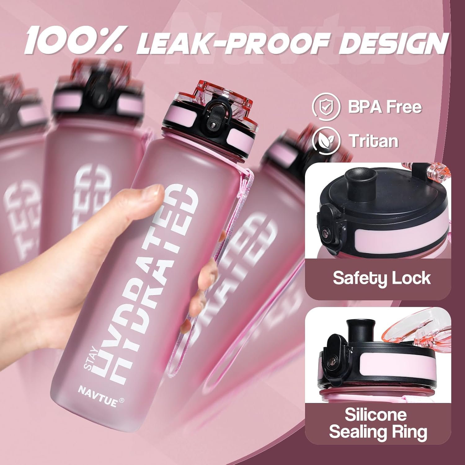 Water Bottle, 32oz Sports Water Bottles with Time Marker Wide Mouth, Motivational and Leakproof Drink Bottle, BPA Free Tritan with Carry Strap for Gym Fitness Outdoor (1 Bottle) - Image 4