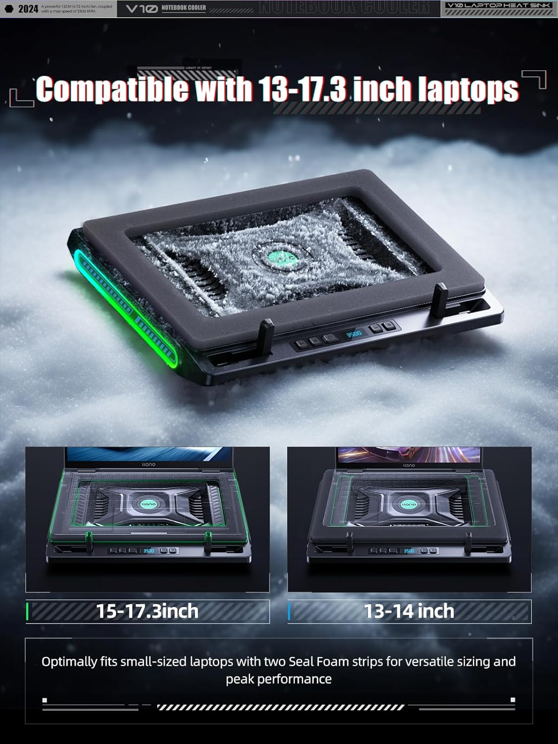 llano V10 Gaming Laptop Cooling Pad, RGB Laptop Cooler Stand with Powerful 4.72 Inch External Turbo Cooling Fan, Fast Cooling Computer 13-17.3in, Button Control, 3 Adjustable Stand, 4-Port USB C&A - Image 5