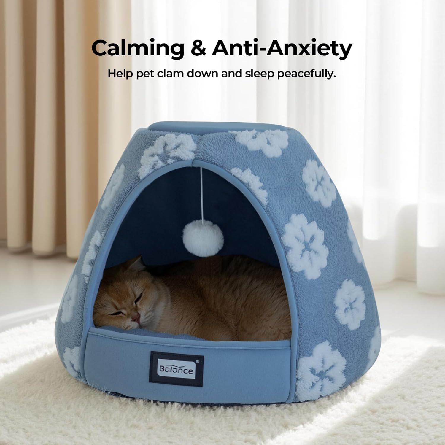 BALANCE Cat Beds for Indoor Cats, 2-in-1 Cat Bed Cave with Anti-Slip Bottom and Ultra-Soft Plush, Cozy Cats House Tent for Kittens and Small Dogs, 19 Inches, Blue - Image 3