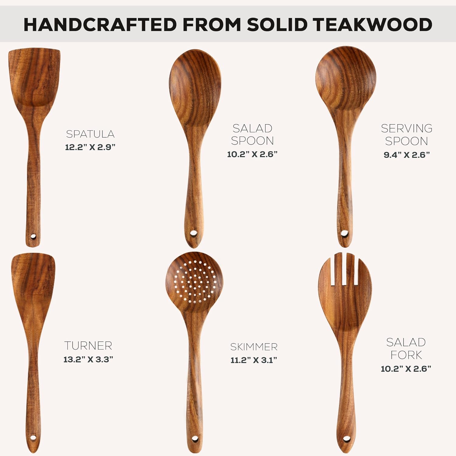 Zulay Kitchen 6 Piece Wooden Spoons for Cooking – Natural Teak Wooden Utensil Set, Easy to Clean, Durable, Smooth with Comfort Grip - Non Toxic Wooden Cooking Utensil Sets - Image 3