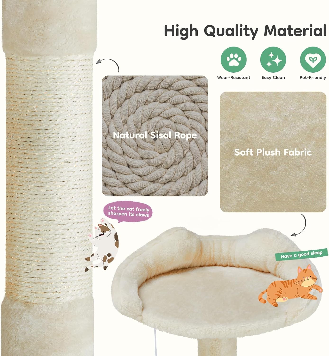 DUMOS 54-inch Indoor Cat Tree Tower –Multi-Level Pet House for Large Cats with 2 Condos, Scratching Posts, Round Platform, Small Ladder, and Toys, Beige - Image 5