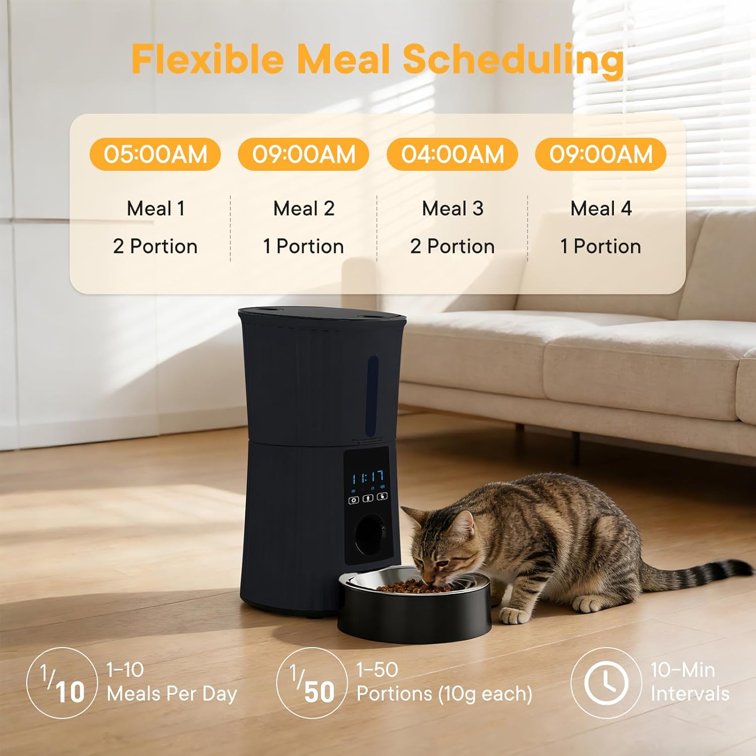 NEWBULIG Automatic Cat Feeder, 4L Timed Pet Feeders with 10s Voice Recorder, Dog Food Dispenser with APP Control, Dry Food, 10 Meals, Programmable 50 Portions, Dual Power Supply, Desiccant Bag - Image 3