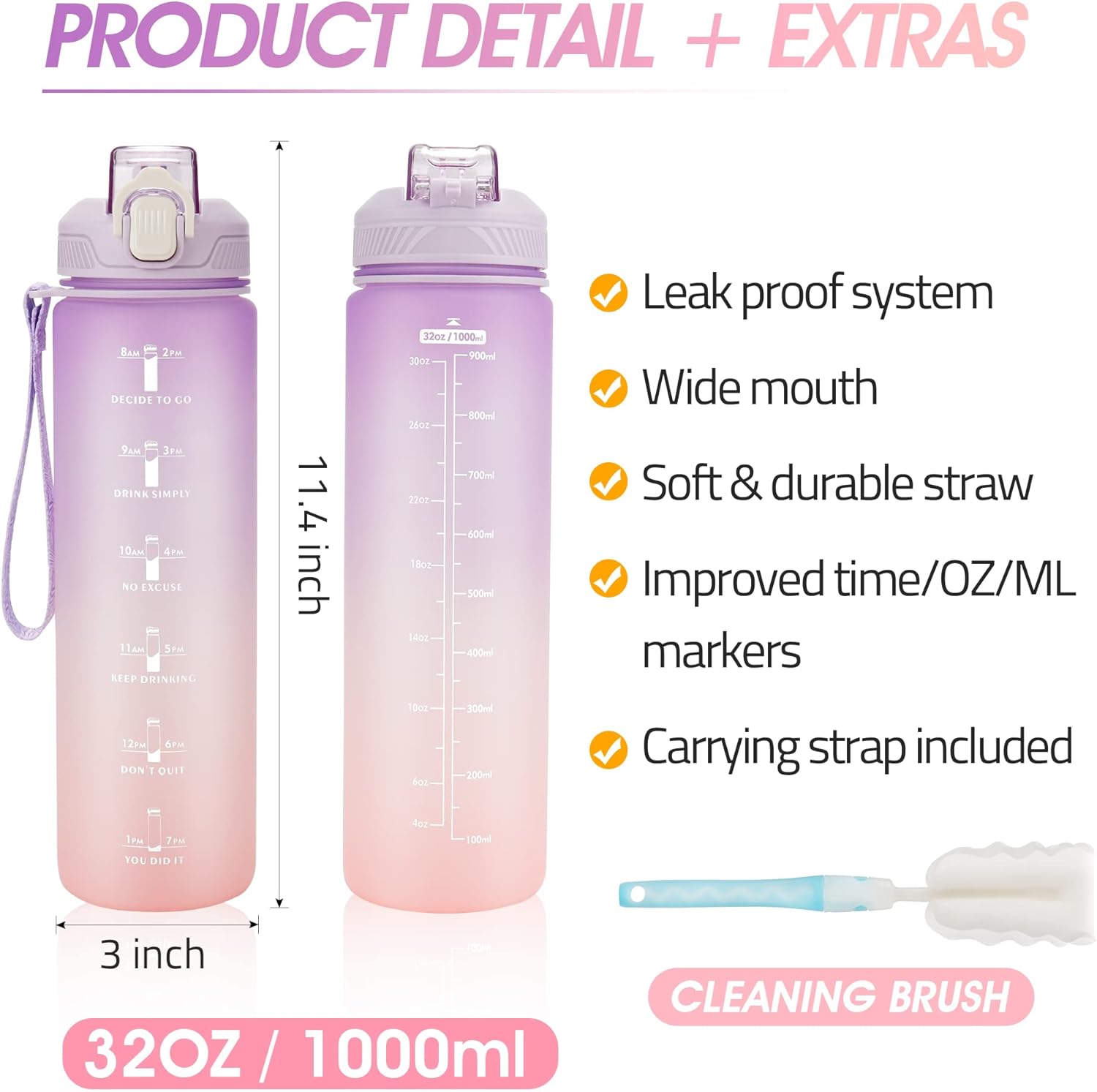 YC Kitchen Motivational Water Bottle with Time Marker- 32oz Water Bottles with Times to Drink, Leakproof & BPA Free Sports Water Bottle with Straw & Carry Strap for Fitness, Gym, and Outdoor Sports - Image 5