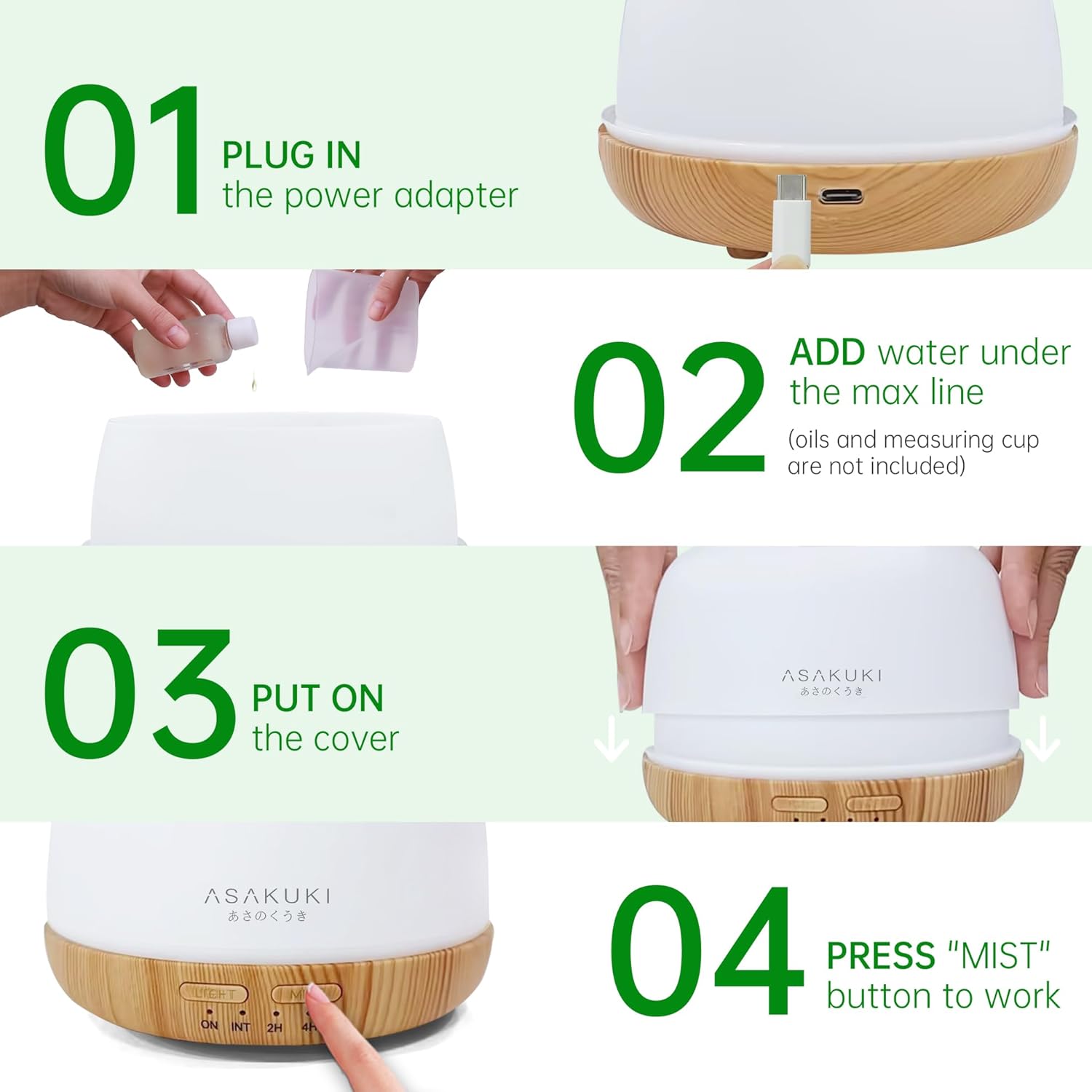 ASAKUKI Essential Oil Diffuser, 300ml Ultrasonic Aromatherapy Oil Humidifier with 7 Colors LED Lights, 2 Mist Mode for Home (Wood Grain) - Image 5