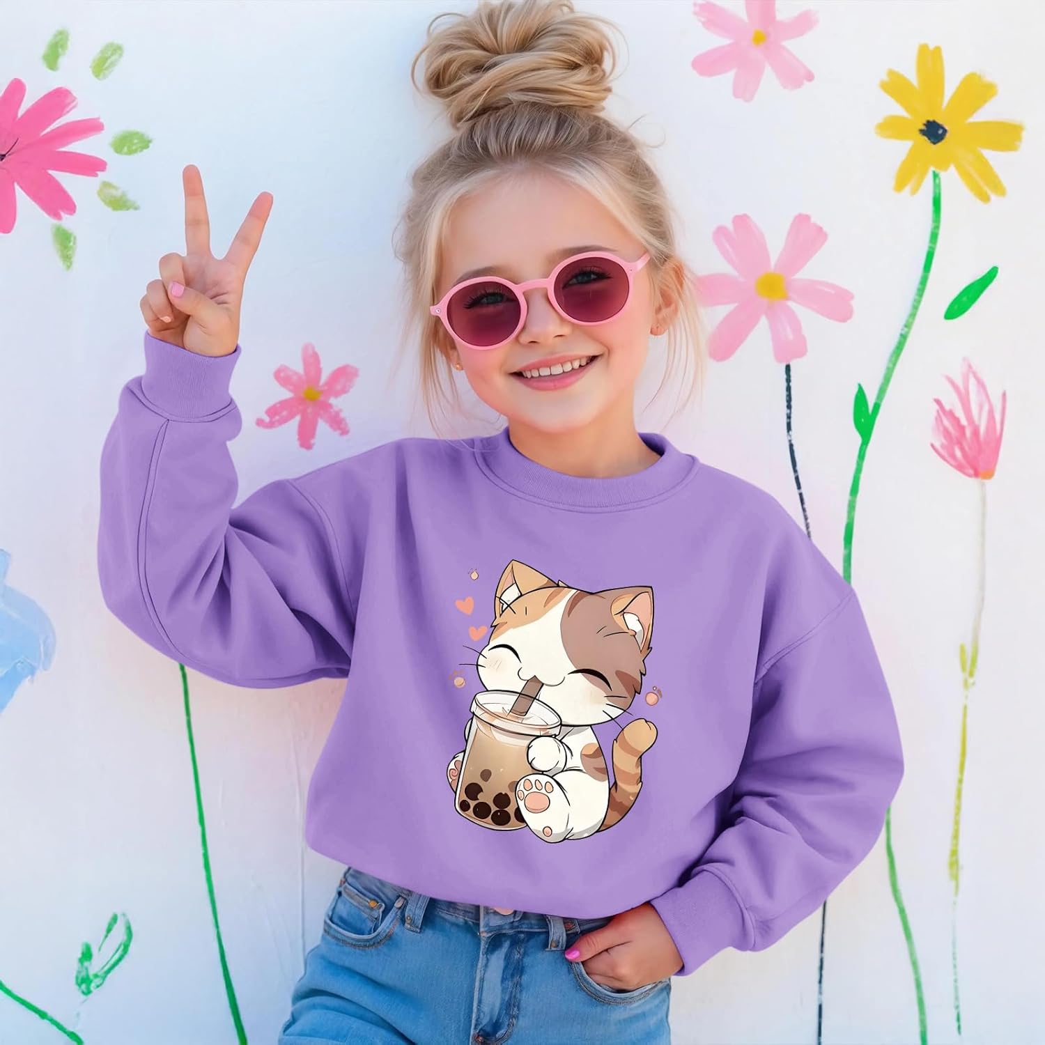 KEEVICI Cute Cat Sweatshirt For Girls Kawaii Graphic Hoodie Kids Cartoon Animal Print Pullover Cotton Long Sleeve Shirts Tops - Image 3