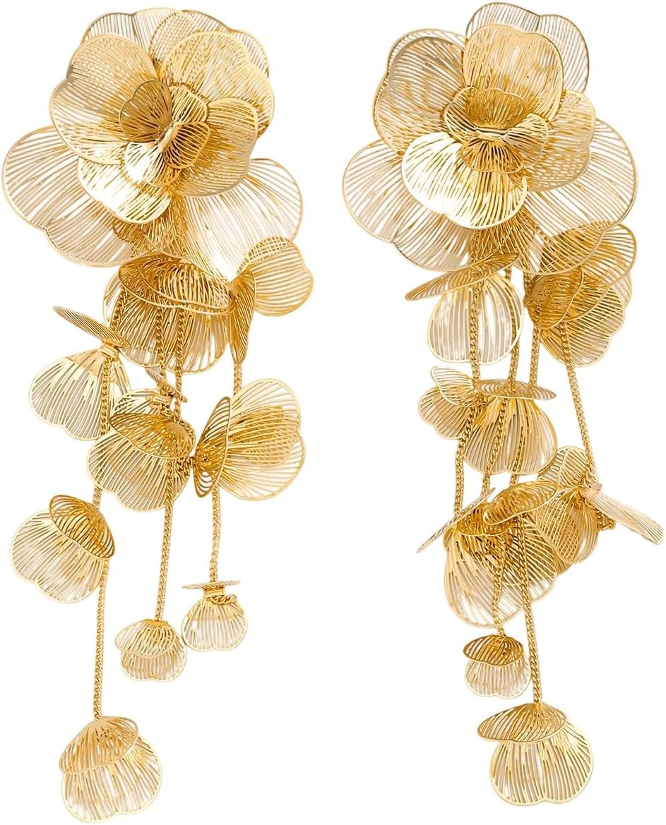 Gold Silver Filigree Floral Dangle Earrings for Women, Long Drop Statement Earrings for Vintage Wedding Jewelry