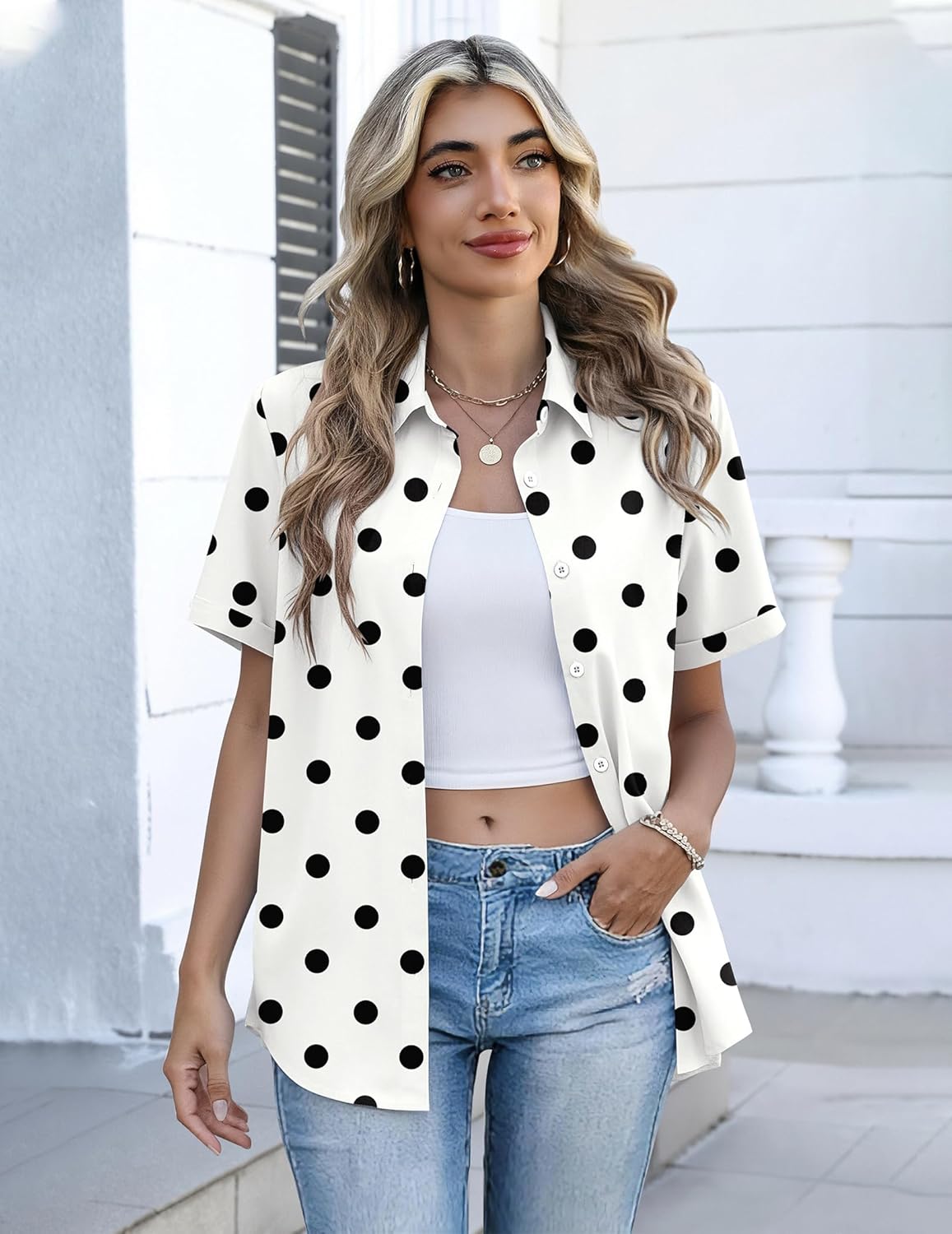 Zeagoo Button Down Shirts for Women Short Sleeve Collared Tops Dressy Casual V Neck Blouses - Image 3