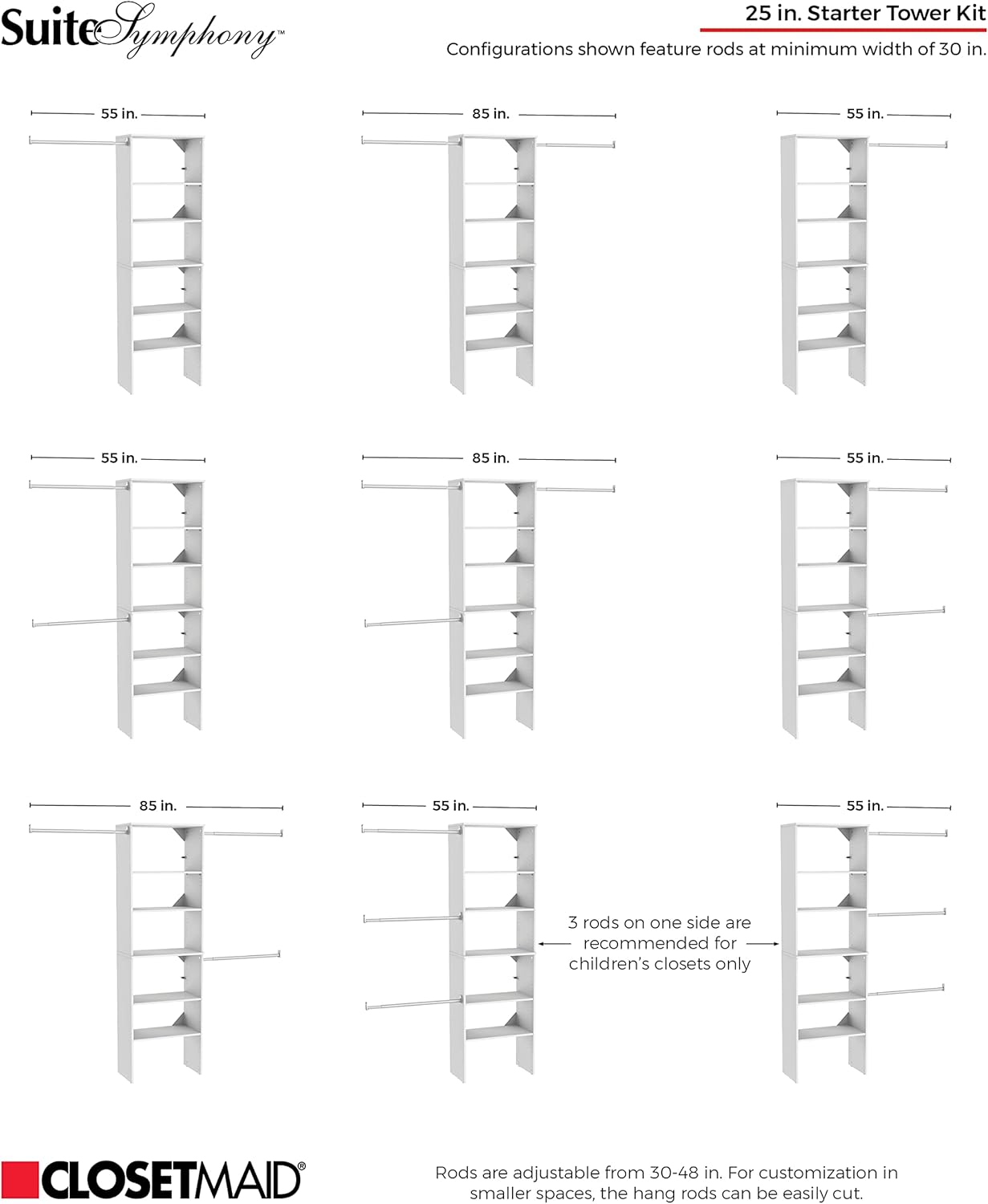 ClosetMaid SuiteSymphony Wood Closet Organizer System, 25-Inch Starter Kit with Tower and 3 Hang Rods and Shelving, Adjustable Shelves, Customizable Insert, Reach-in or Walk-in Closets, Pure White - Image 5