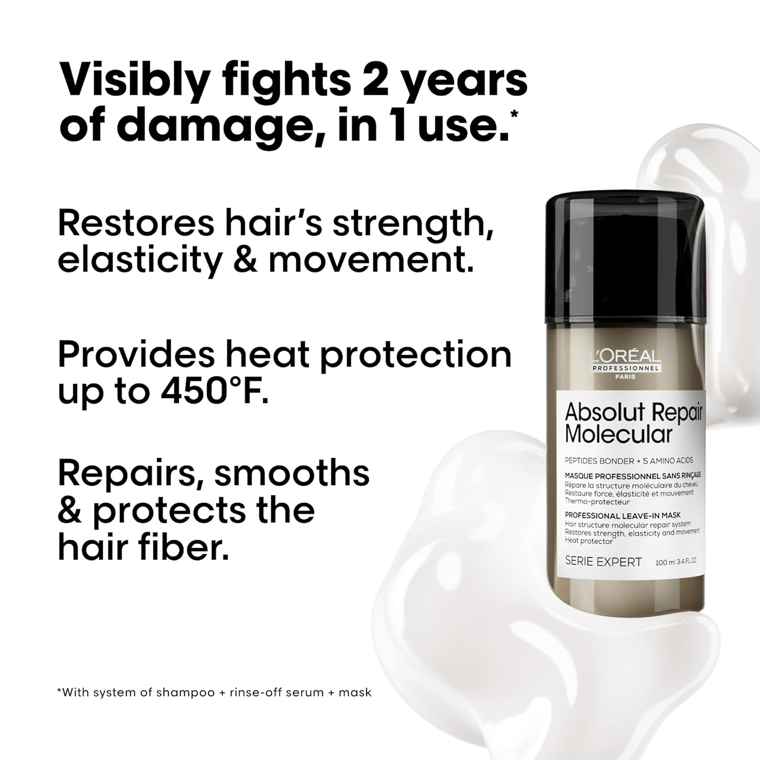 L'Oréal Professionnel Paris Absolut Repair Molecular Hair Care Set - Sulfate-Free Shampoo, Rinse-Off Serum & Leave-In Mask For Extremely Dry Damaged Hair, With Peptide Bonder & Amino Acids - Image 5