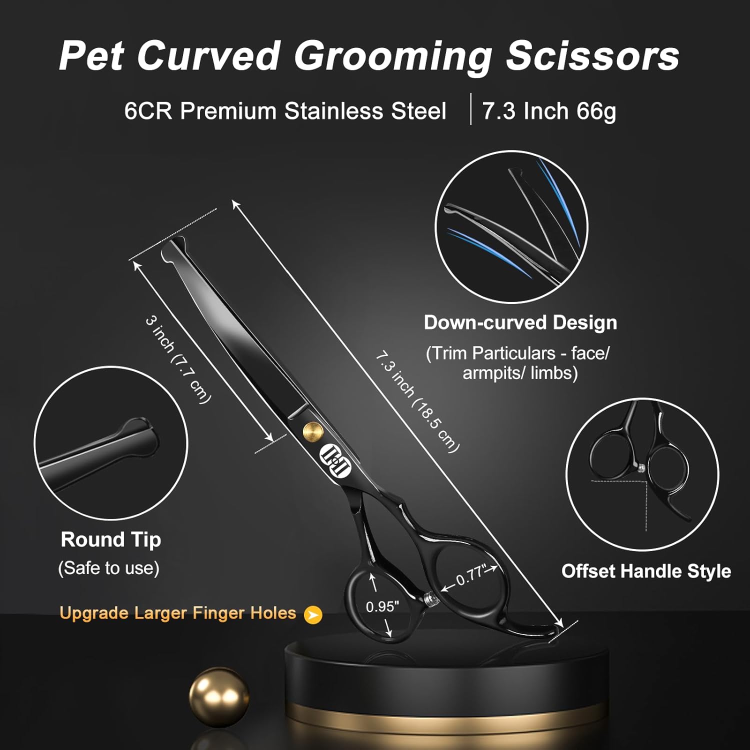 CIICII Dog Grooming Scissors Kit, 7 Inch Professional Pet Grooming Scissors Set with Safety Round Tip (Dogs/Cat Hair Cutting Trimming Thinning Shears with Curved Scissors) for DIY Home Salon (Black) - Image 3