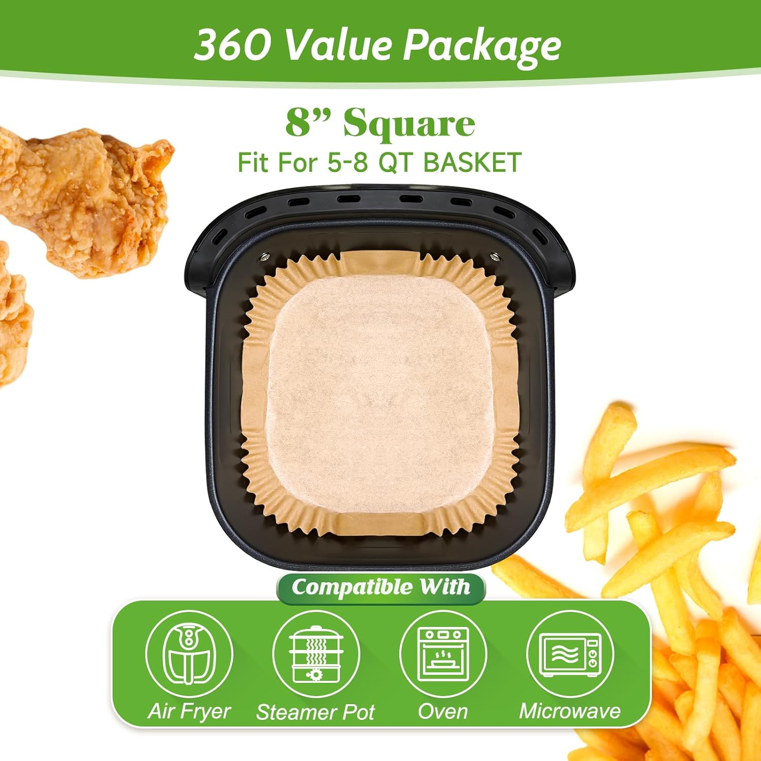 360 Pcs 8” Square Unbleached Heavy Duty Air Fryer Paper Liners Disposable, Non-Stick & Non-Leak Parchment Paper Liners for Airfryer Basket, Deep Fryer Parts & Accessories - Image 2