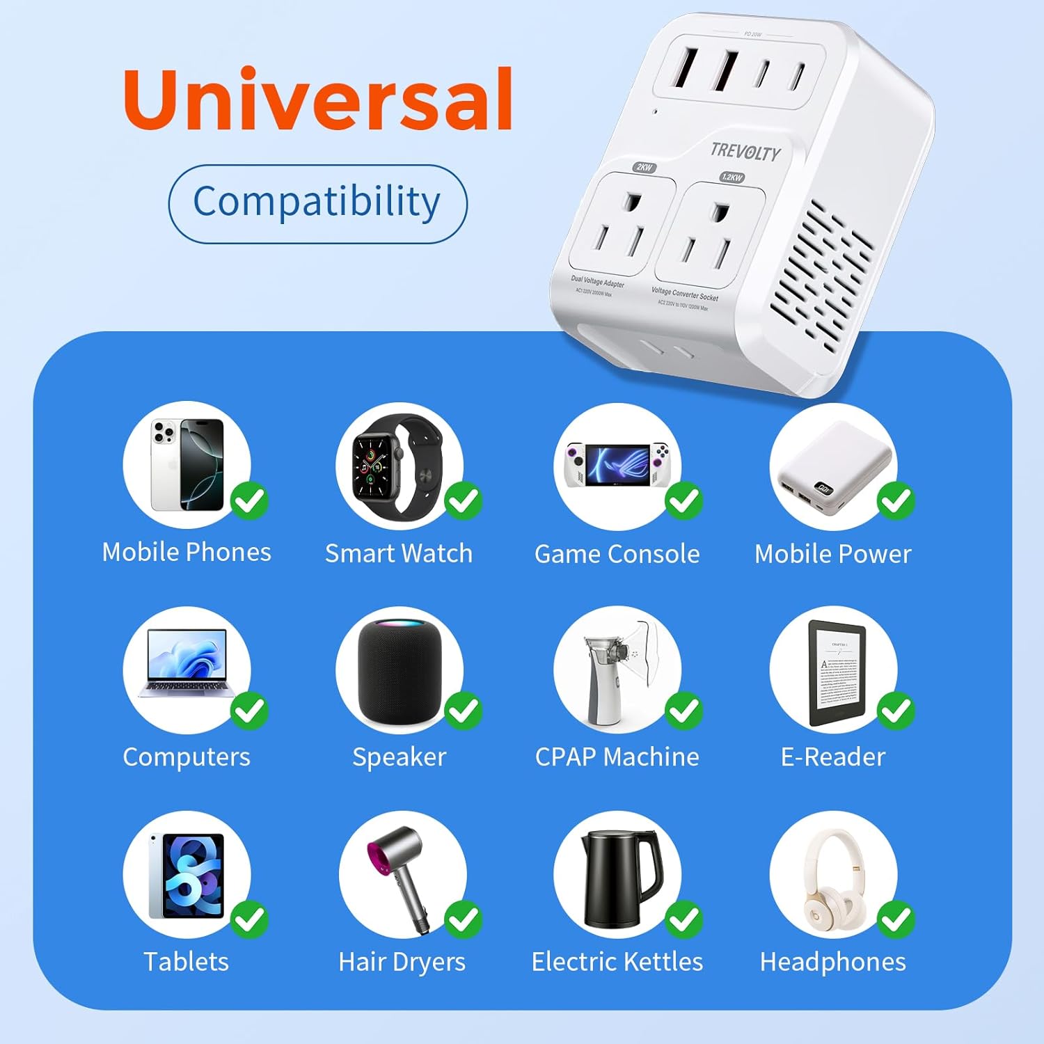 2000W Voltage Converter US to Europe for Hair Dryers, 7-in-1 220V to 110V Converter for European Travel with 3 AC/2 USBA/2 USBC Ports (PD20W), Universal Travel Adapter - Image 4