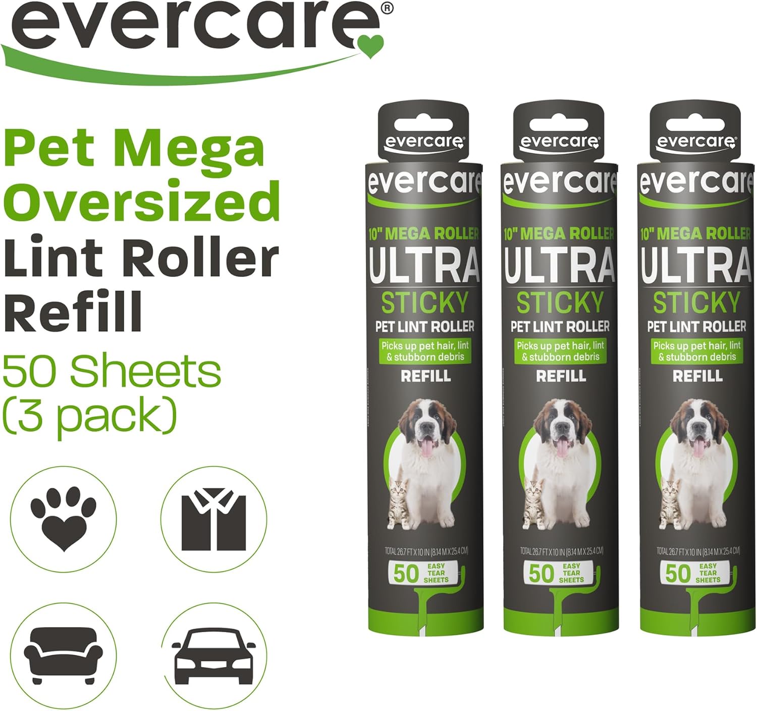 Evercare Pack of 3 All-Purpose Pet Mega Oversized Lint Roller Refills, 50 Sheets Each - Image 3