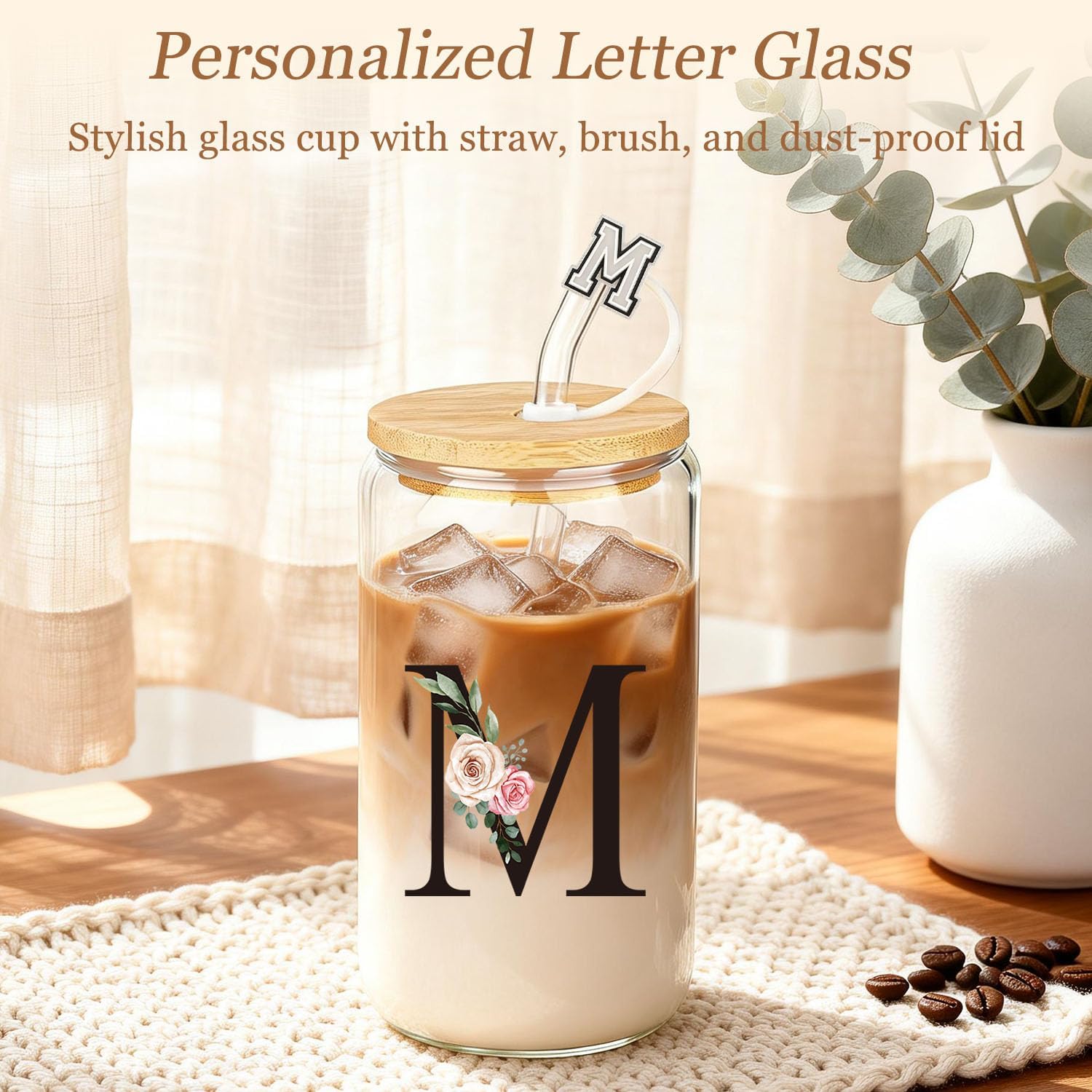 Birthday Gifts for Women, 10pcs Monogrammed Gifts for Women Initial Canvas Tote Bag, Makeup Bag, Glass Cup, Hair Clip, Candle Basket Birthday Personalized Gift for Her Woman Mom Wife Friend Teacher, M - Image 4