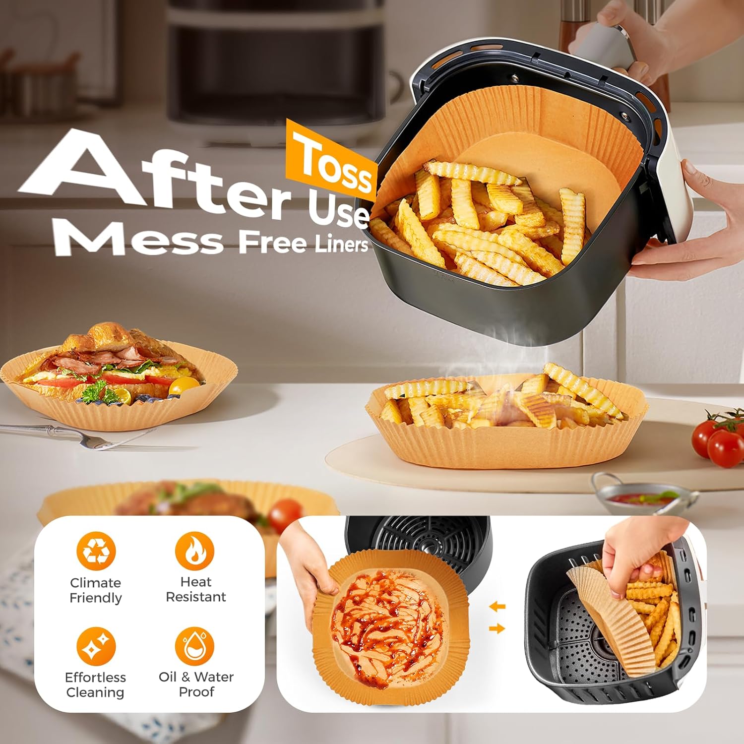 Air Fryer Paper Liners, 125Pcs Parchment Paper, Air Fryer Liners Disposable for Microwave, Non-Stick Air Fryer Liner Square Free of Bleach (8IN) - Image 4