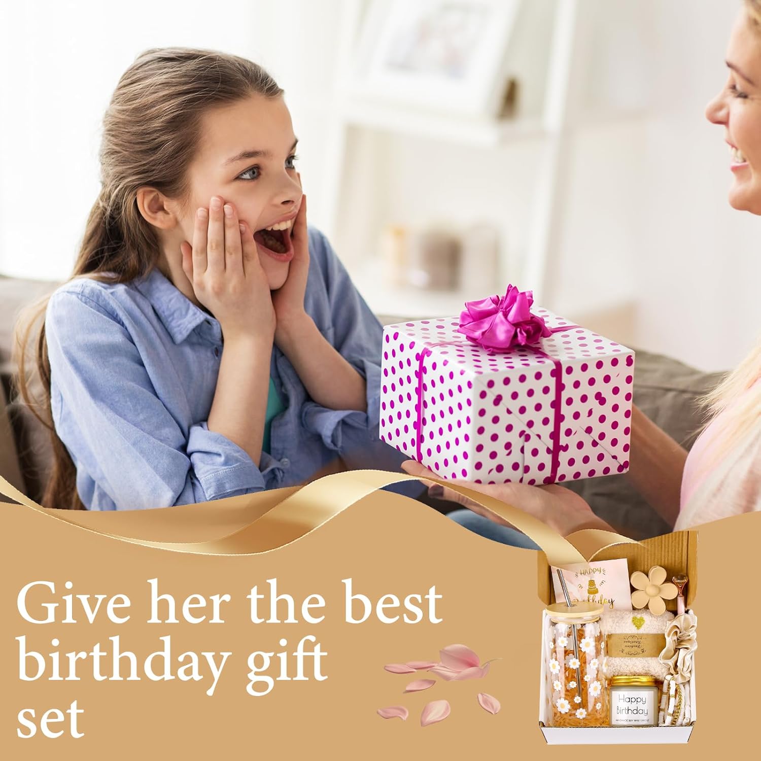 DHQH Birthday Gifts for Teen, Cute Inspirational Gift Daisy Presents Set Ideas for Sister Daughter Friends, Happy Birthday Gift Basket with Ice Glass Cup for Her (Beige) - Image 6