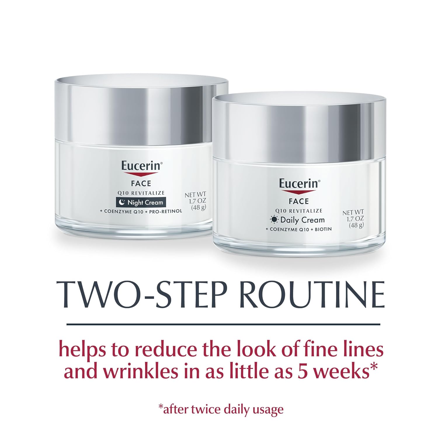 Eucerin Q10 Skin Care Set, Anti Wrinkle Daily Face Cream with Biotin (1.7 Oz) + Anti Wrinkle Night Cream with Pro-Retinol (1.7 Oz), Fragrance Free Face Moisturizer for All Skin Types - Image 2