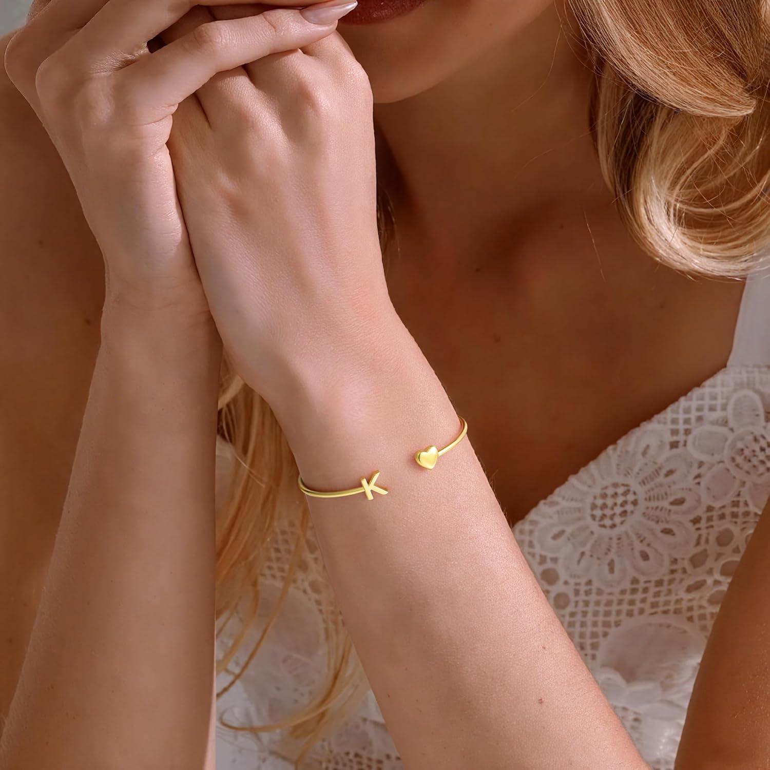 Turandoss Mother Day Gift for Kids Teen Girls - Dainty 14K Gold Plated Letter A-Z Initial Heart Cuff Bangle Bracelets, Gifts for Women Her Mom Daughter Sister Friend Teens Birthday Jewelry Gifts - Image 4