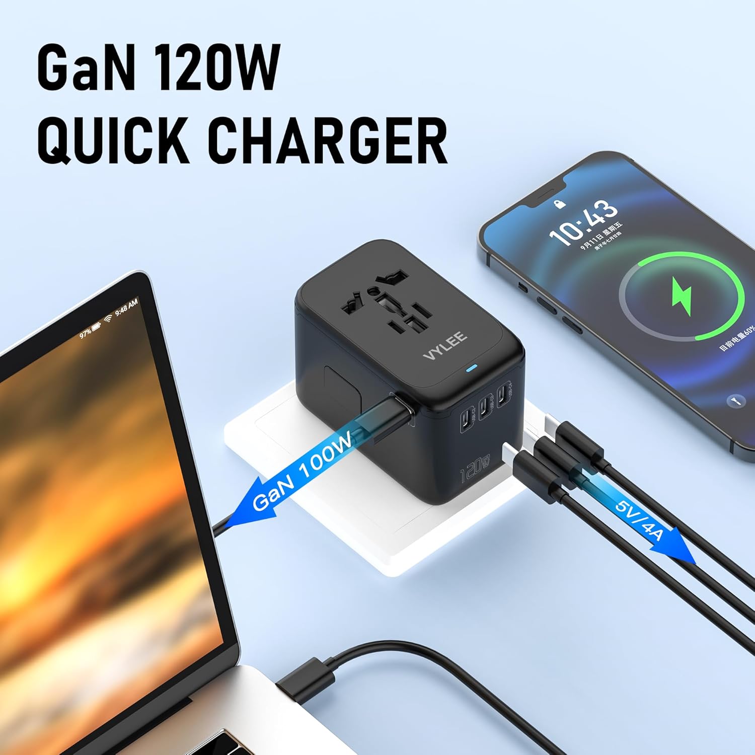 VYLEE 120W Universal Travel Adapter, GaN III International Power Adapter, 4 USB-C 1 USB-A Ports, AC Outlet, Worldwide US/UK/EU/AU Travel Charger for Cameras Laptops Tablets Phones and More - Image 2